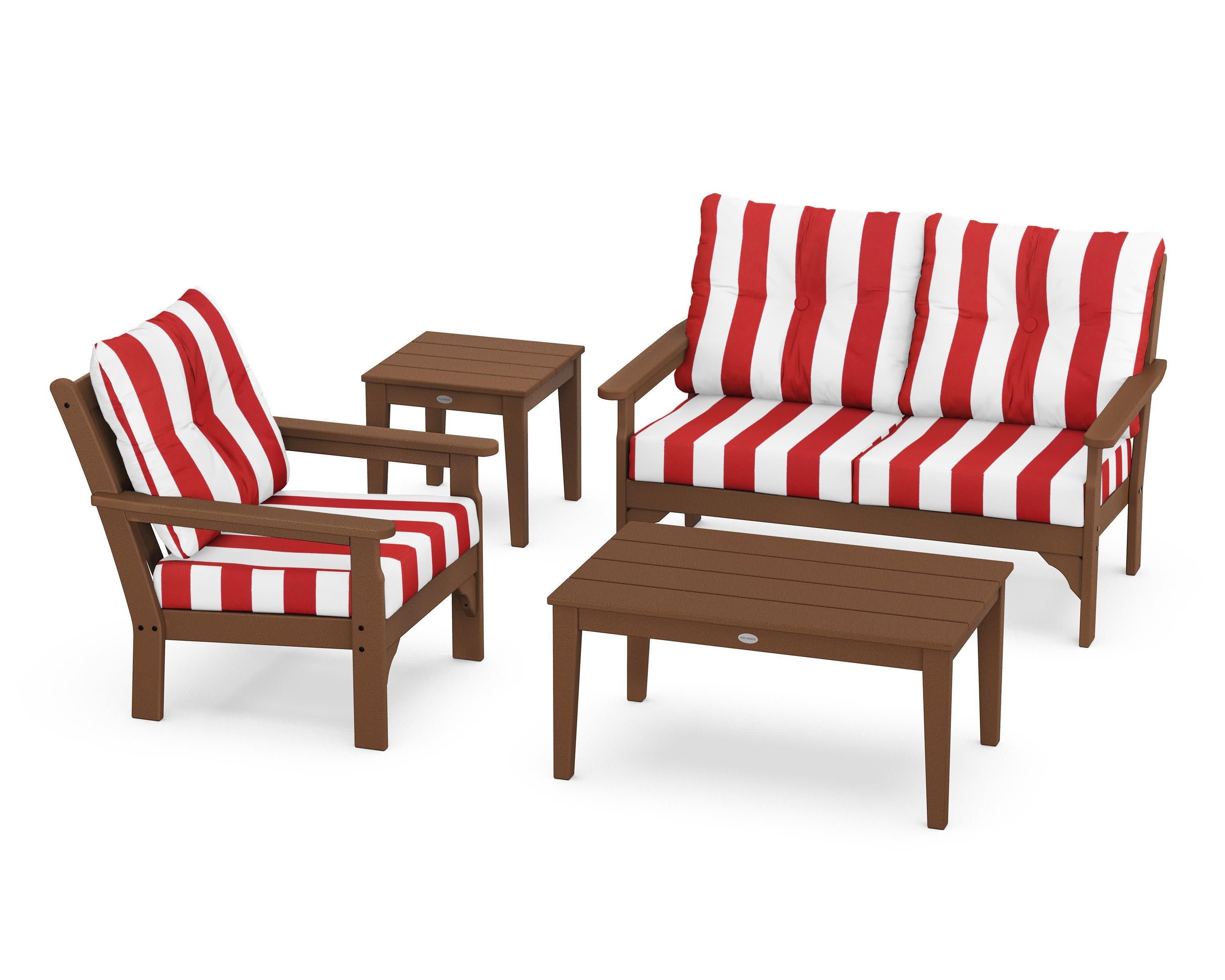 Vineyard 4-Piece Deep Seating Set in Teak / Cabana Stripe Crimson