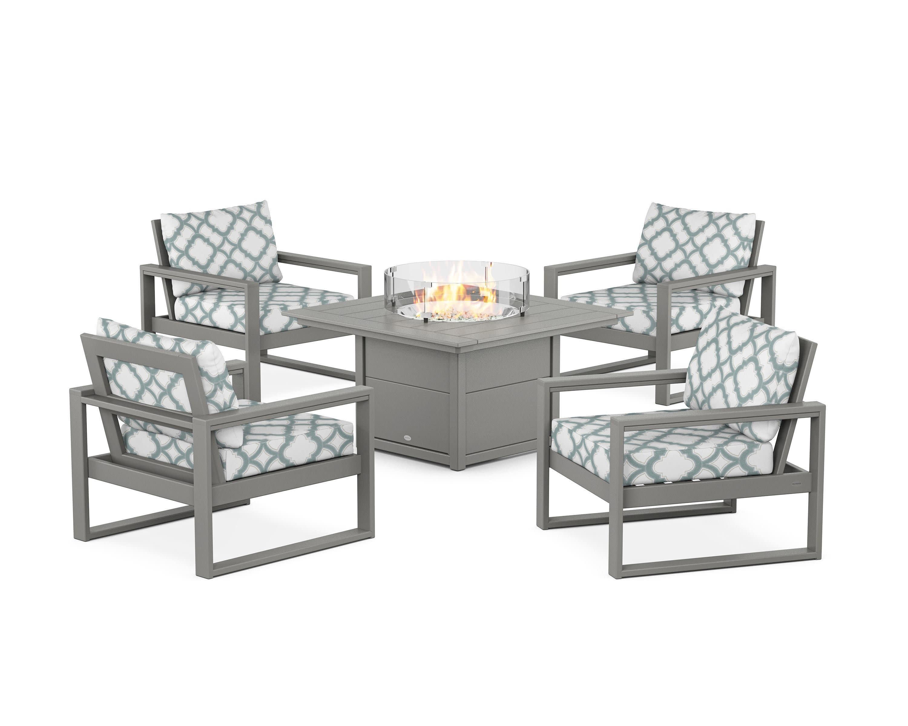 EDGE Sectional 5-Piece Deep Seating Set with Fire Pit Table in Slate Grey / Trellis Glacier Spa