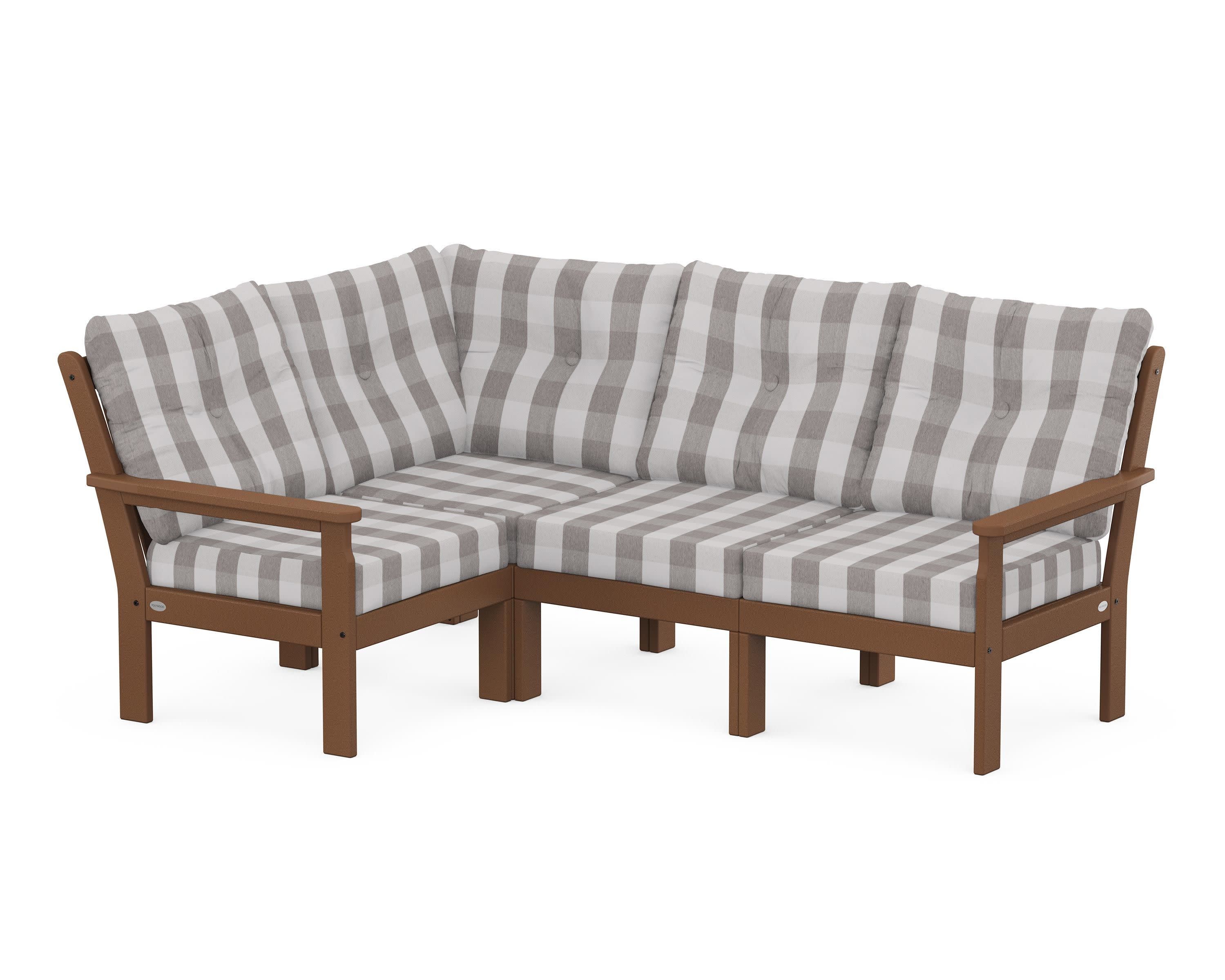 Vineyard 4-Piece Sectional in Teak / Buffalo Plaid Grey Mist