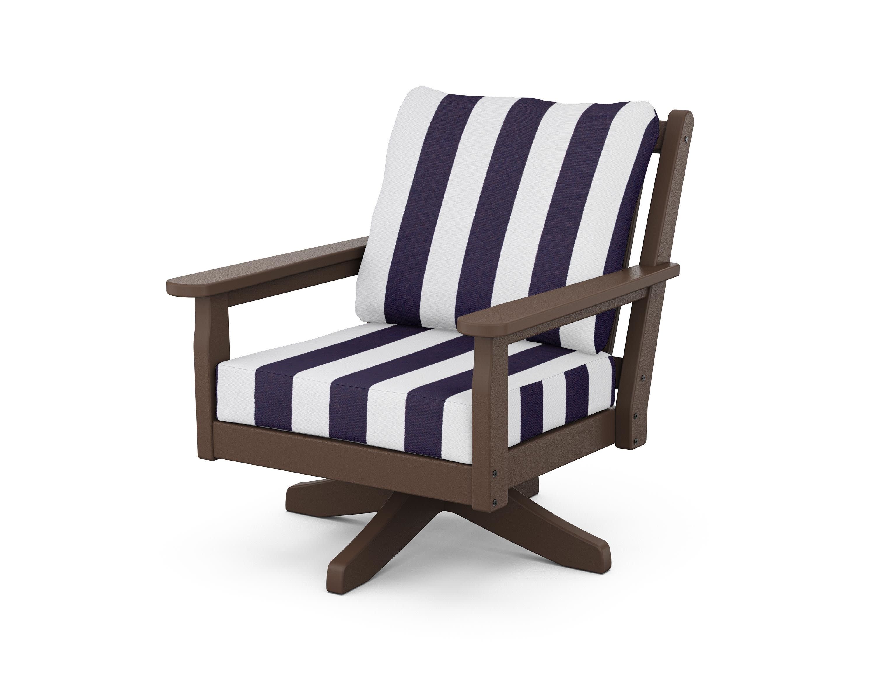 Chippendale Deep Seating Swivel Chair in Mahogany / Cabana Stripe Navy