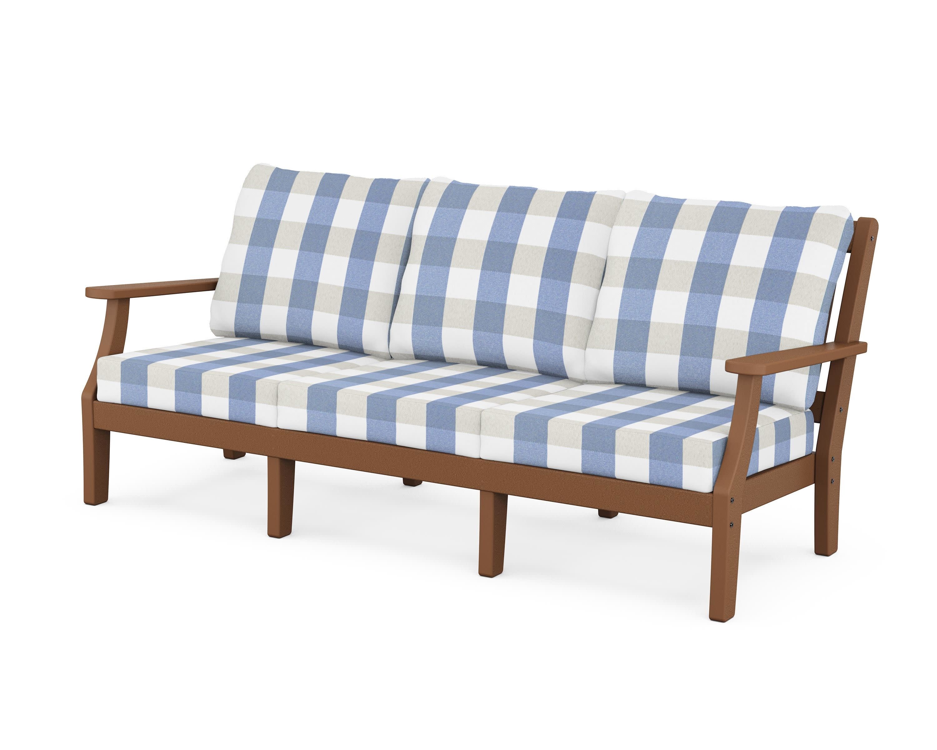 Chinoiserie Deep Seating Sofa in Teak / Buffalo Plaid Sky Blue