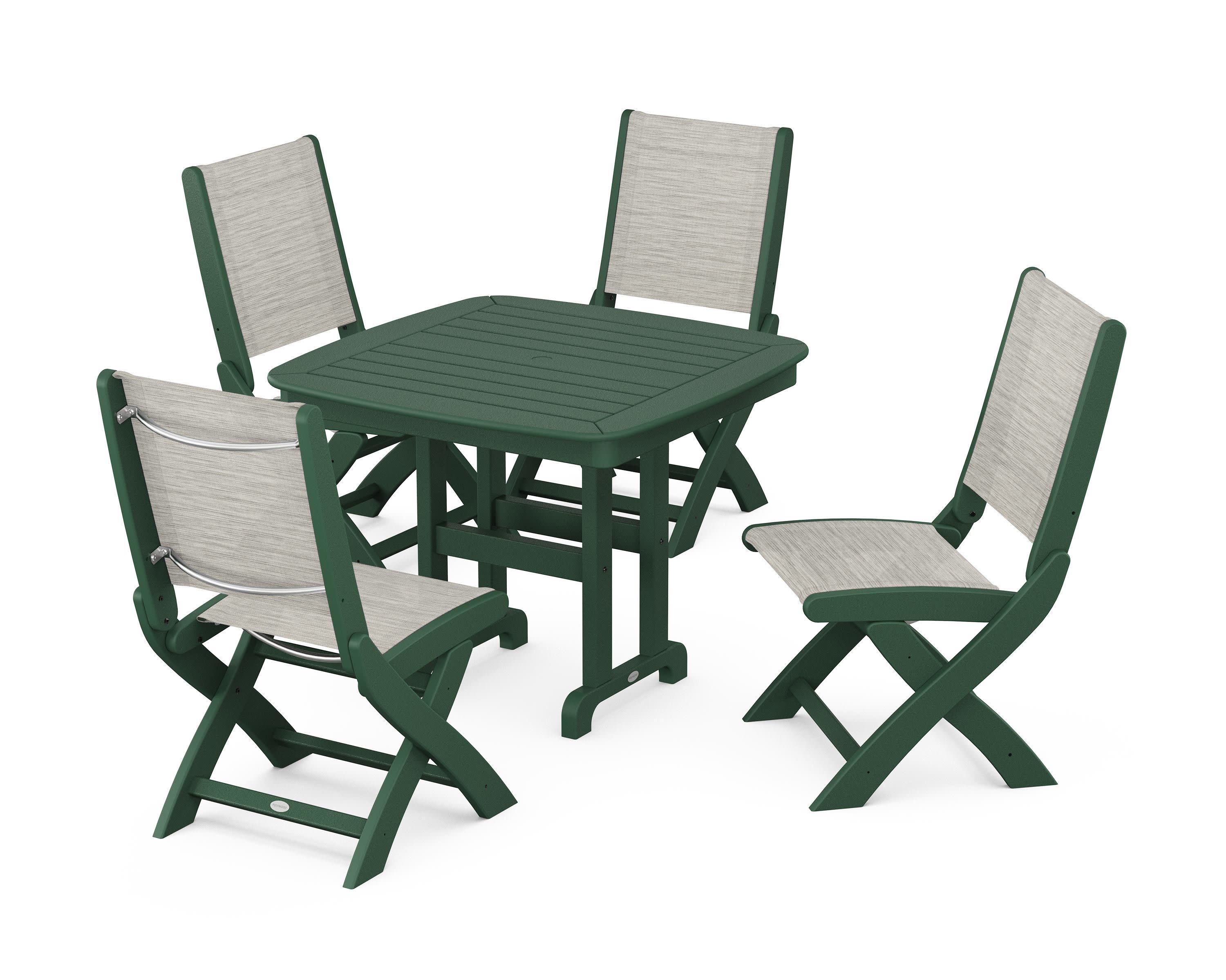 Coastal Folding Side Chair 5-Piece Dining Set in Green / Birch Sling