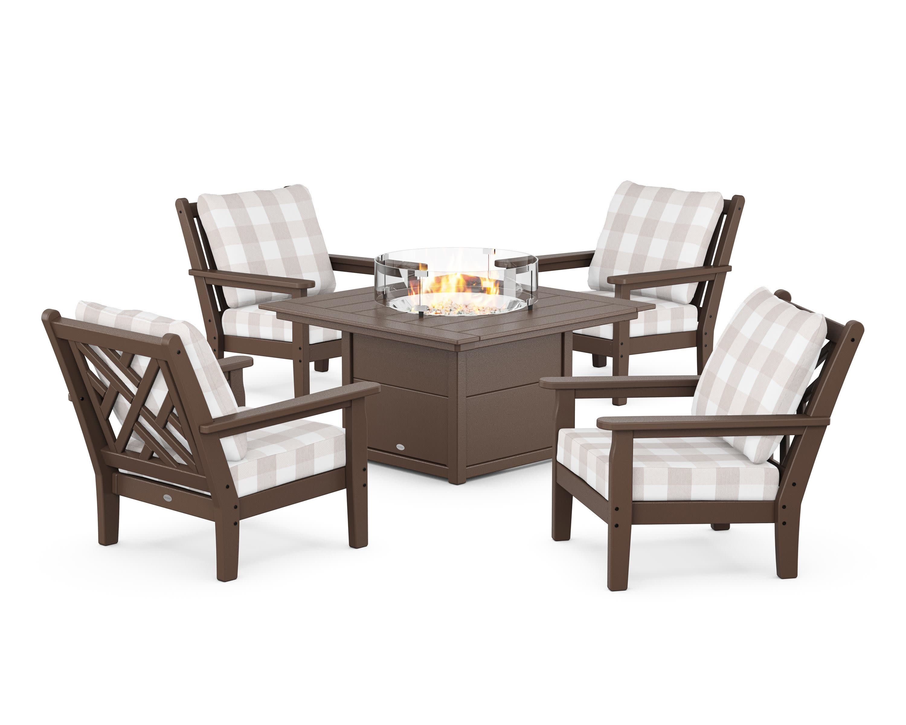 Chippendale 5-Piece Deep Seating Set with Fire Pit Table in Mahogany / Buffalo Plaid Dune Burlap