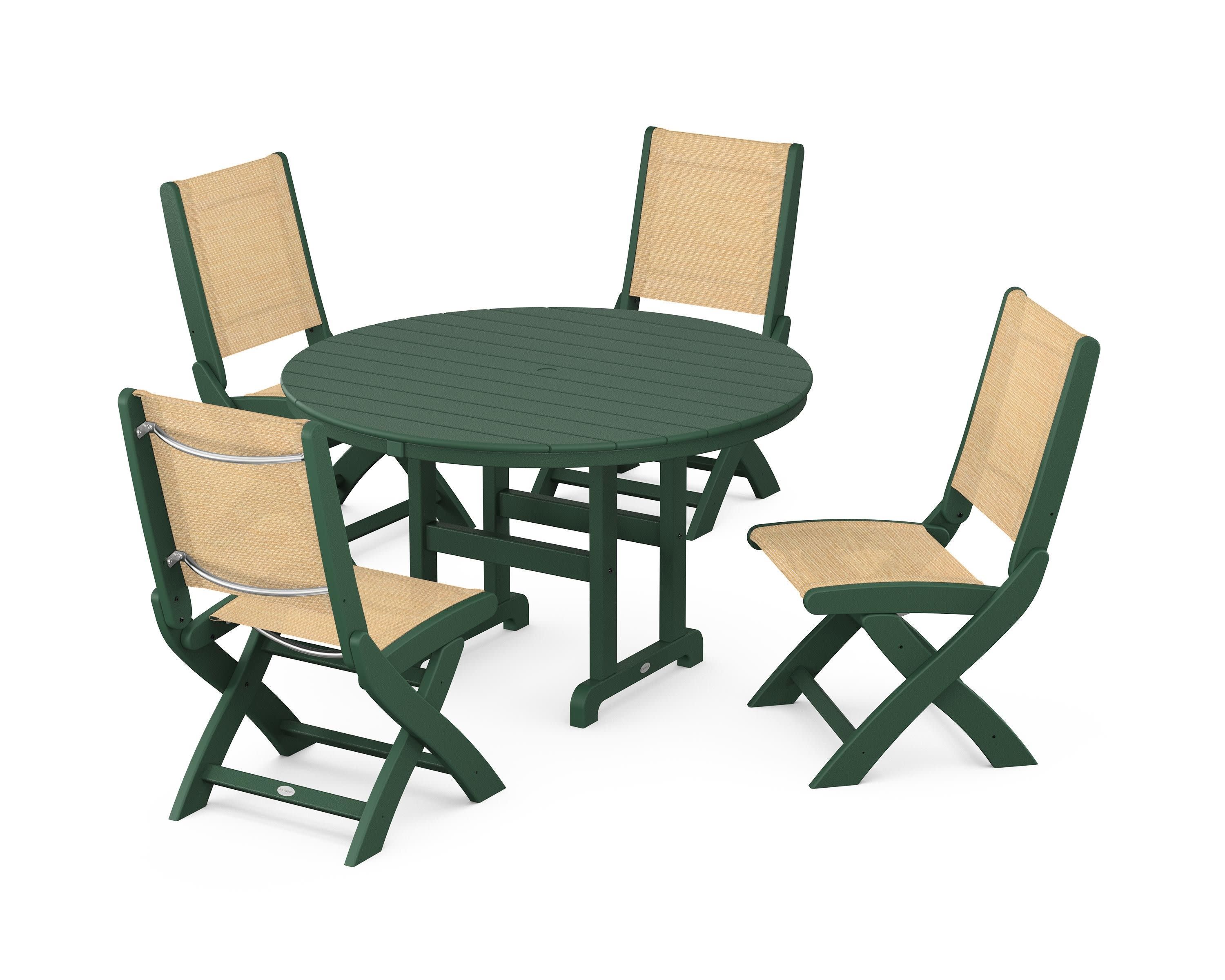 Coastal Folding Side Chair 5-Piece Round Dining Set in Green / Dupioni Apricot Sling