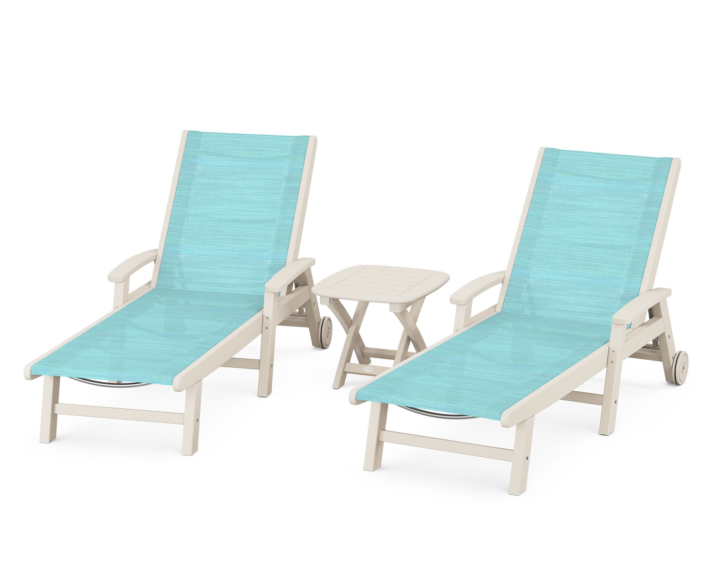 Coastal 3-Piece Wheeled Chaise Set in Sand / Dupioni Aquamarine Sling