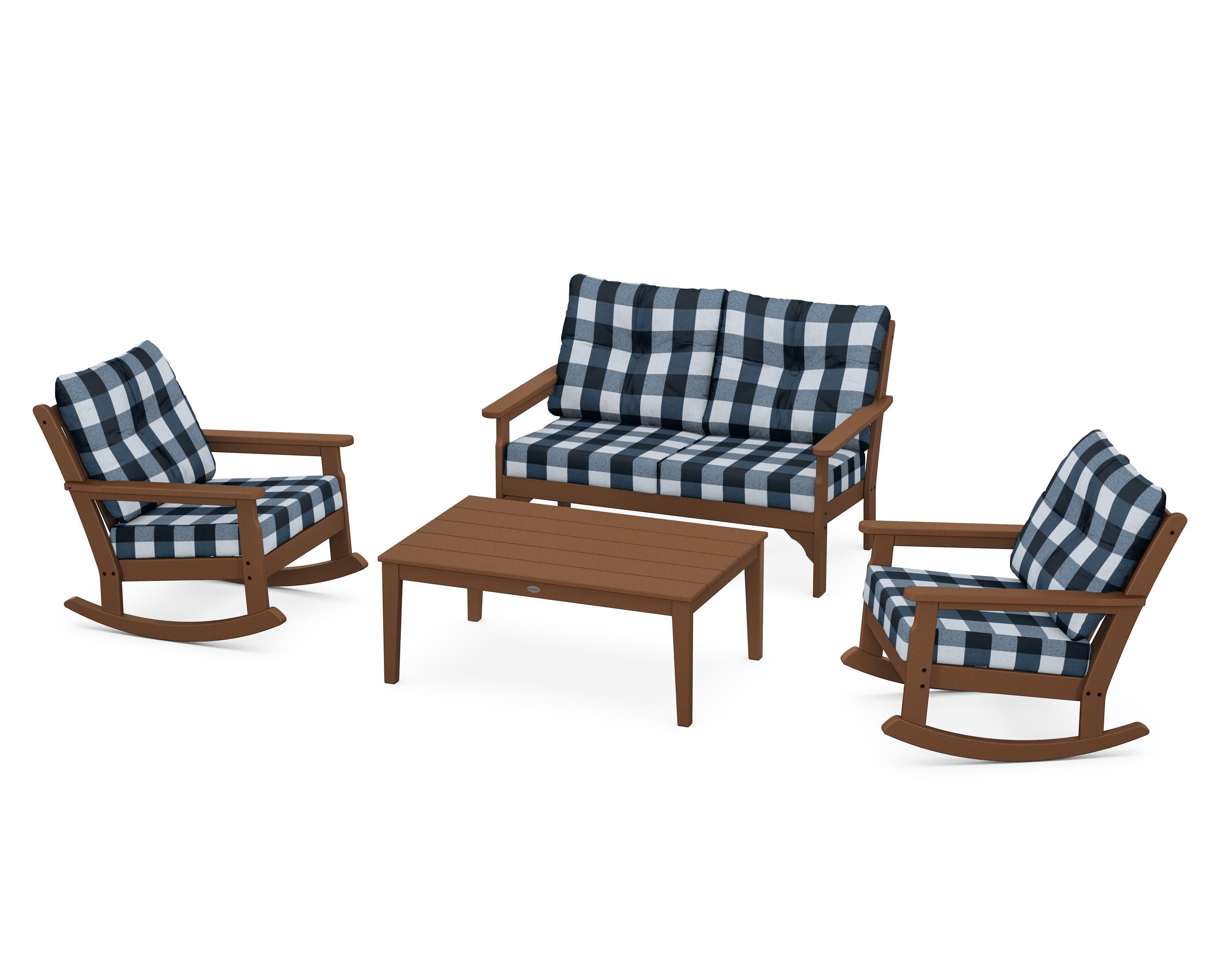 Vineyard 4-Piece Deep Seating Rocking Chair Set in Teak / Buffalo Plaid Marine Indigo