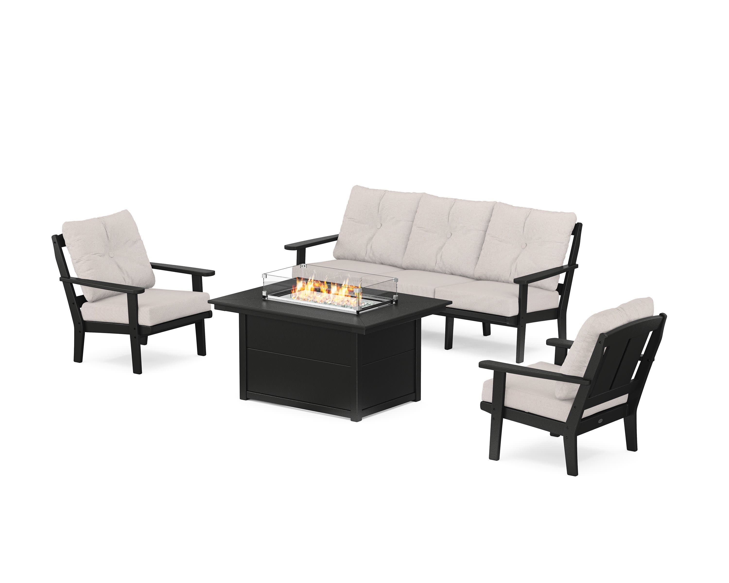 Mission Deep Seating Fire Pit Table Set in Black / Dune Burlap