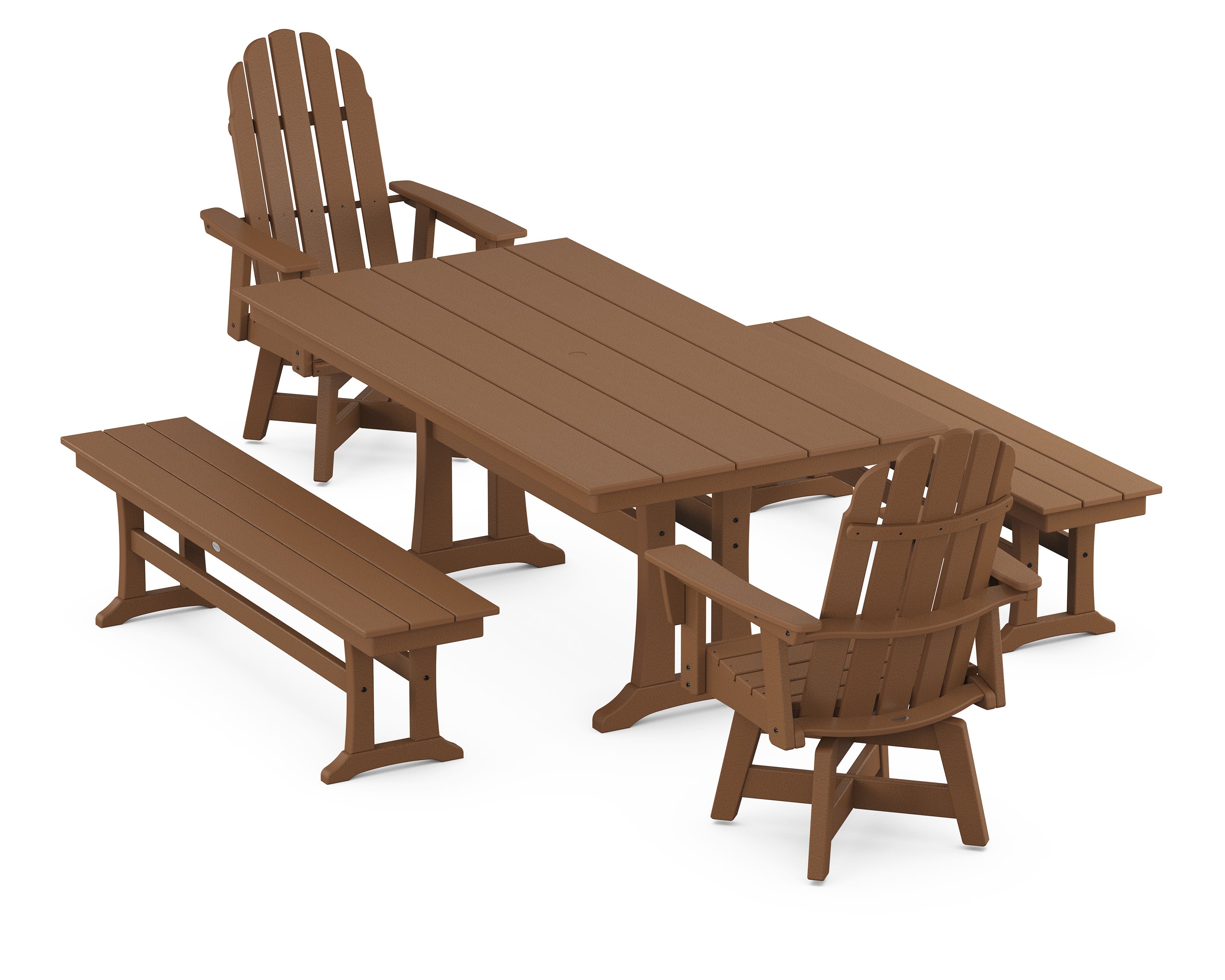 Vineyard Curveback Adirondack Swivel Chair 5-Piece Farmhouse Dining Set With Trestle Legs and Benches in Teak