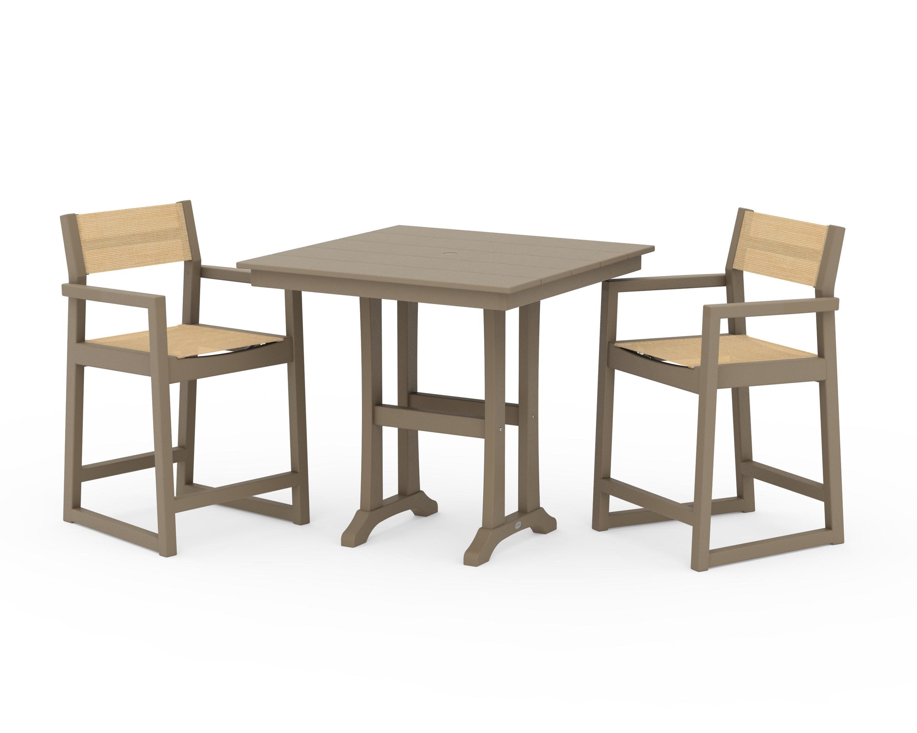 EDGE Sling Arm Chair 3-Piece Farmhouse Counter Set with Trestle Legs in Vintage Sahara / Dupioni Apricot Sling