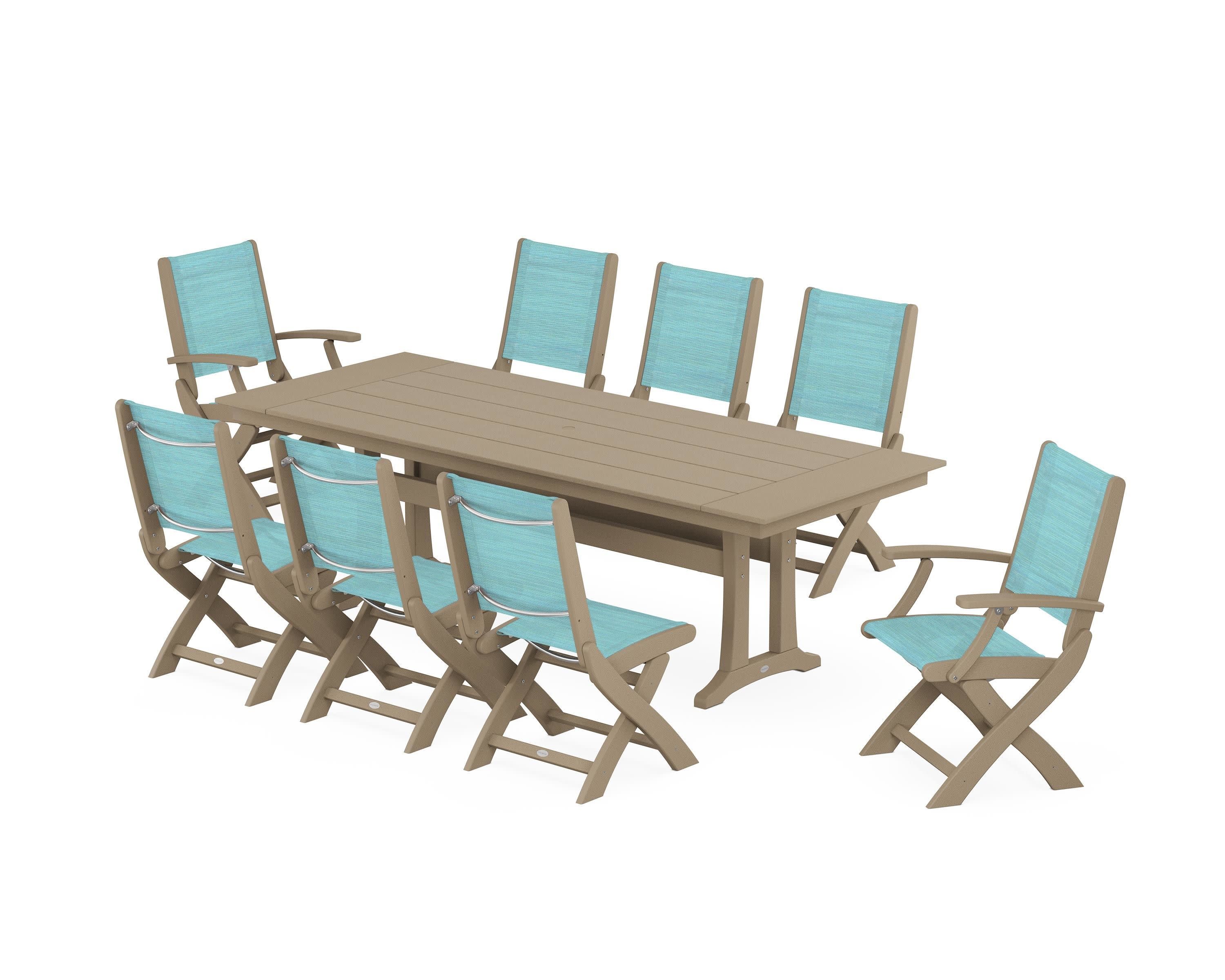 Coastal 9-Piece Folding Dining Chair Farmhouse Dining Set with Trestle Legs in Vintage Sahara / Dupioni Aquamarine Sling