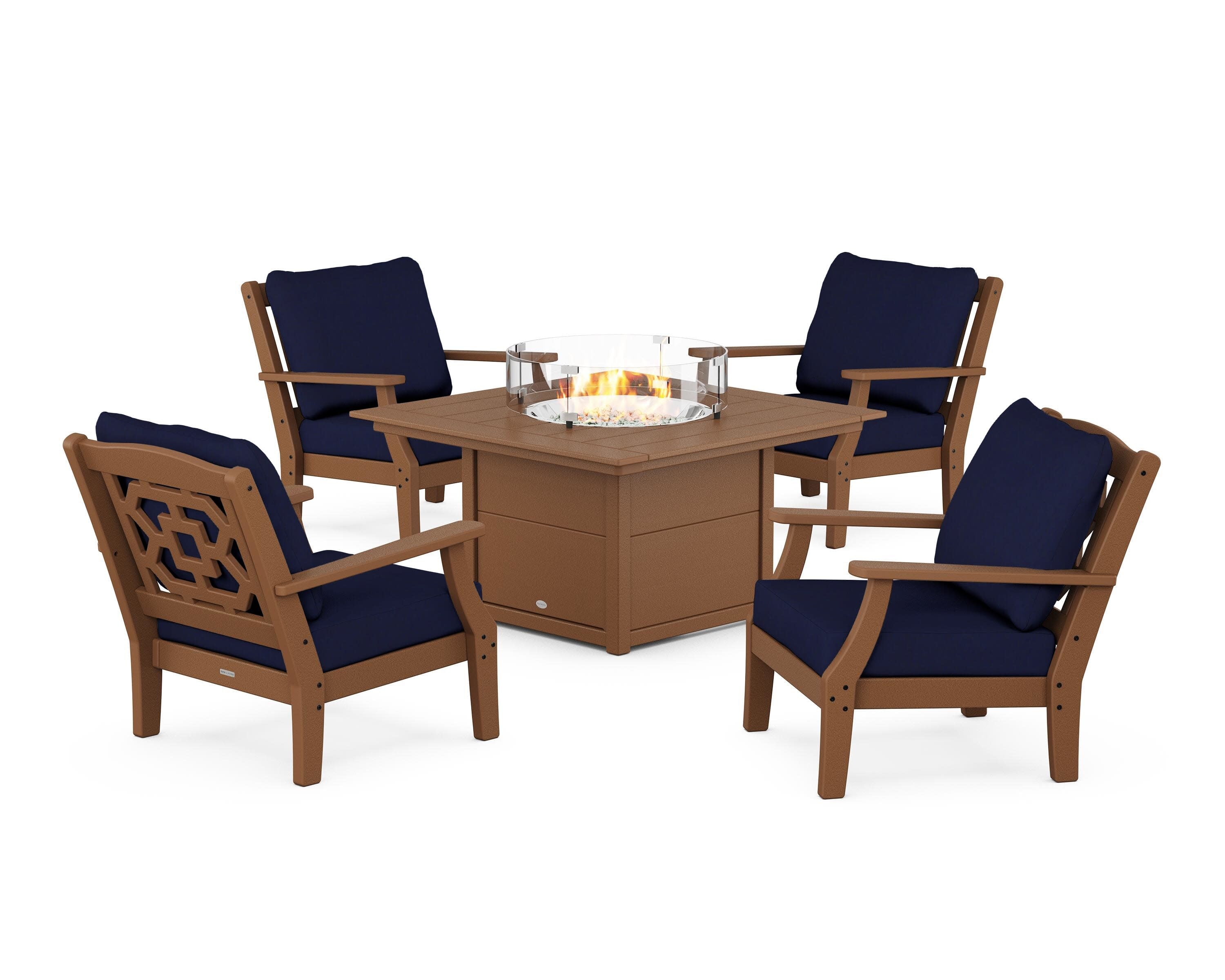 Chinoiserie 5-Piece Deep Seating Set with Fire Pit Table in Teak / Navy