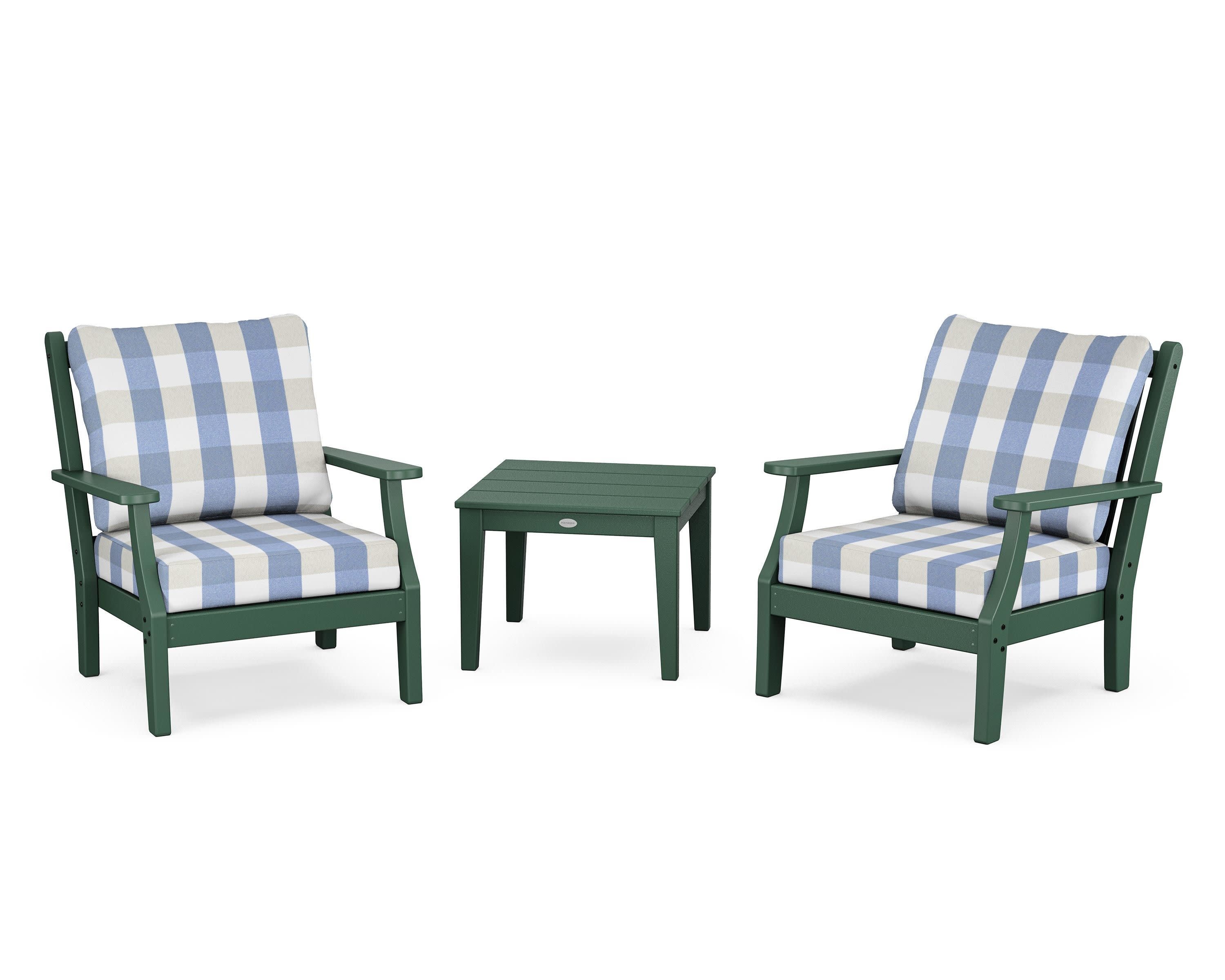 Wovendale 3-Piece Deep Seating Set in Green / Buffalo Plaid Sky Blue