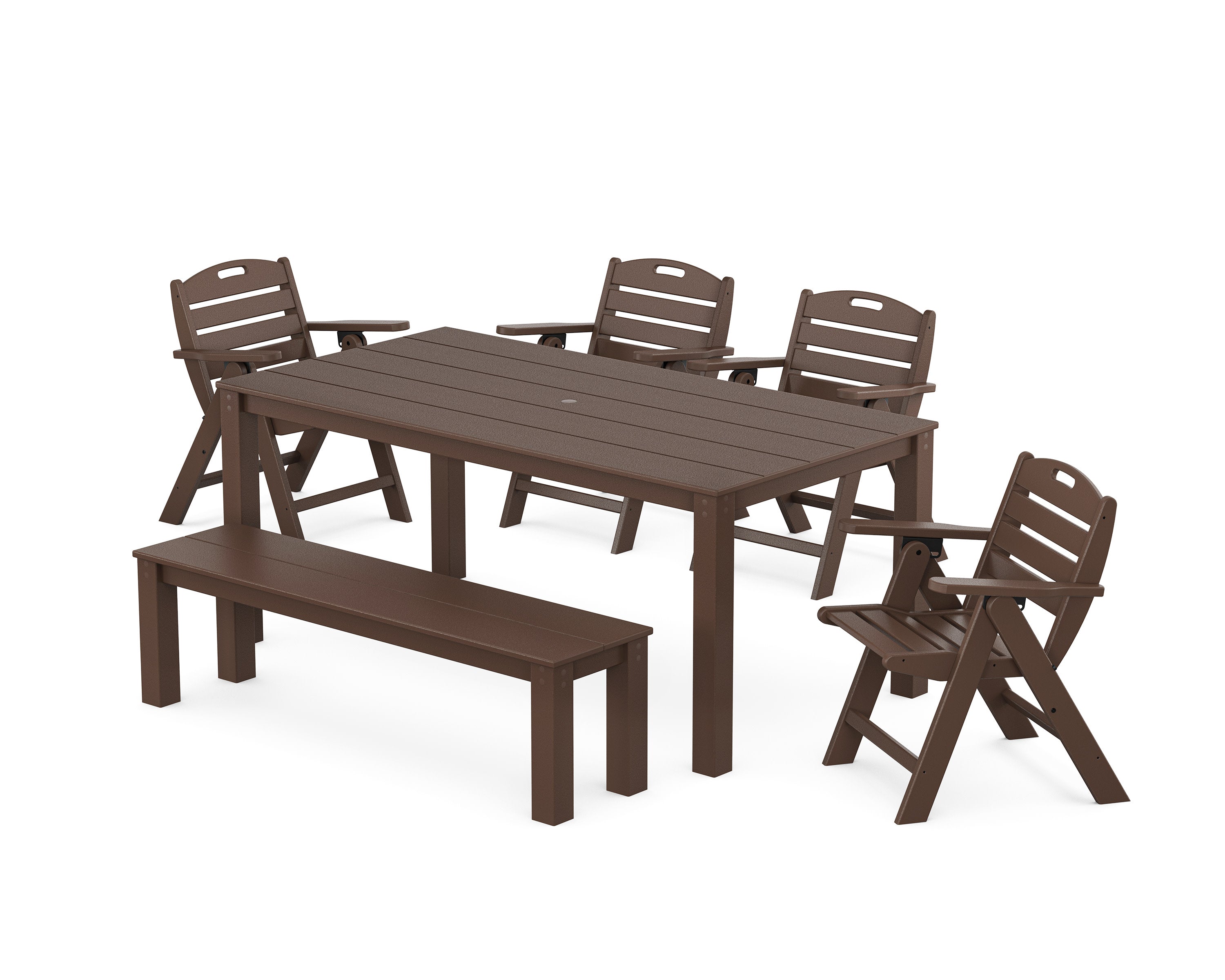 Nautical Folding Lowback Chair 6-Piece Parsons Dining Set with Bench in Mahogany