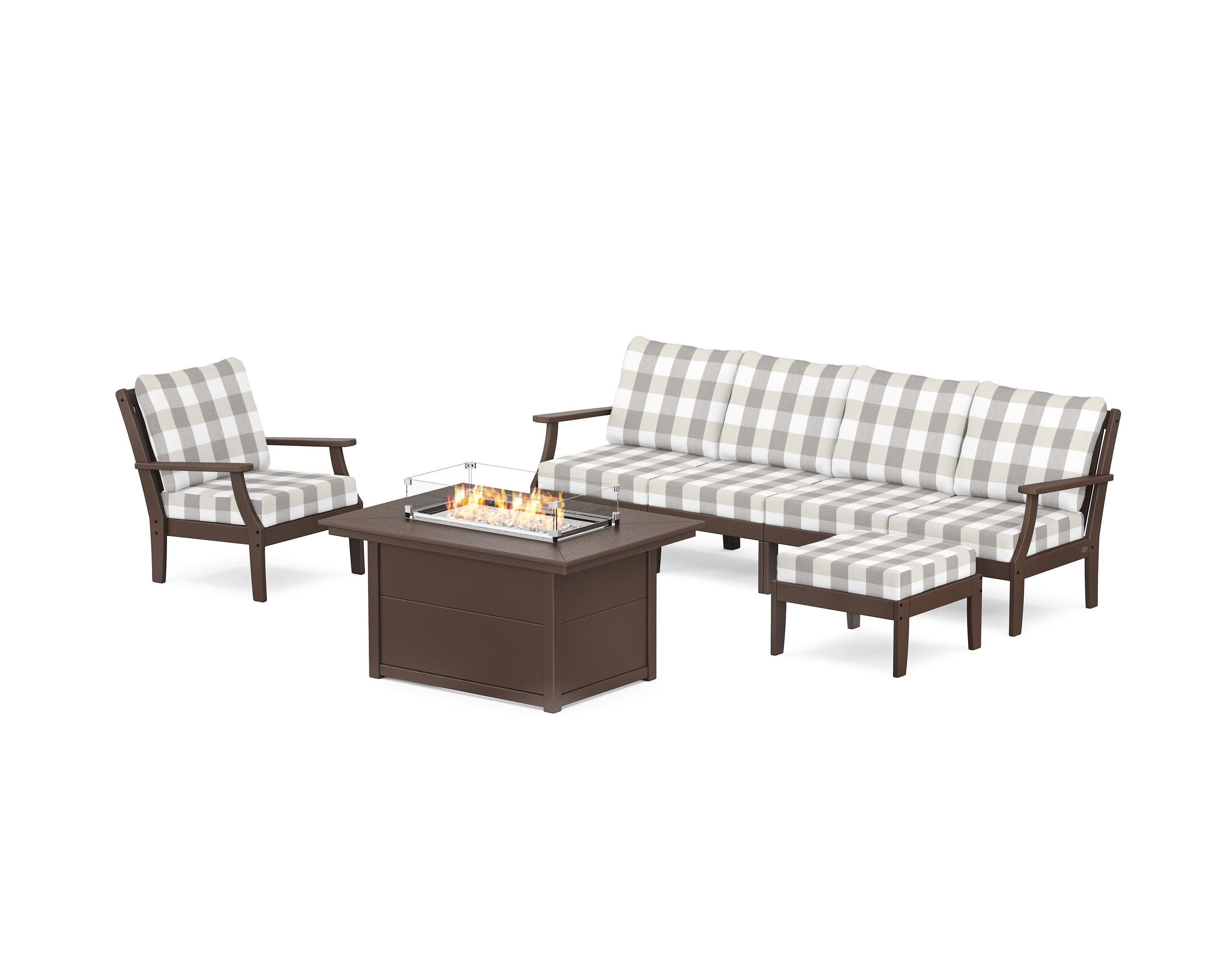 Braxton Sectional Lounge and Fire Pit Set in Mahogany / Buffalo Plaid Grey Mist