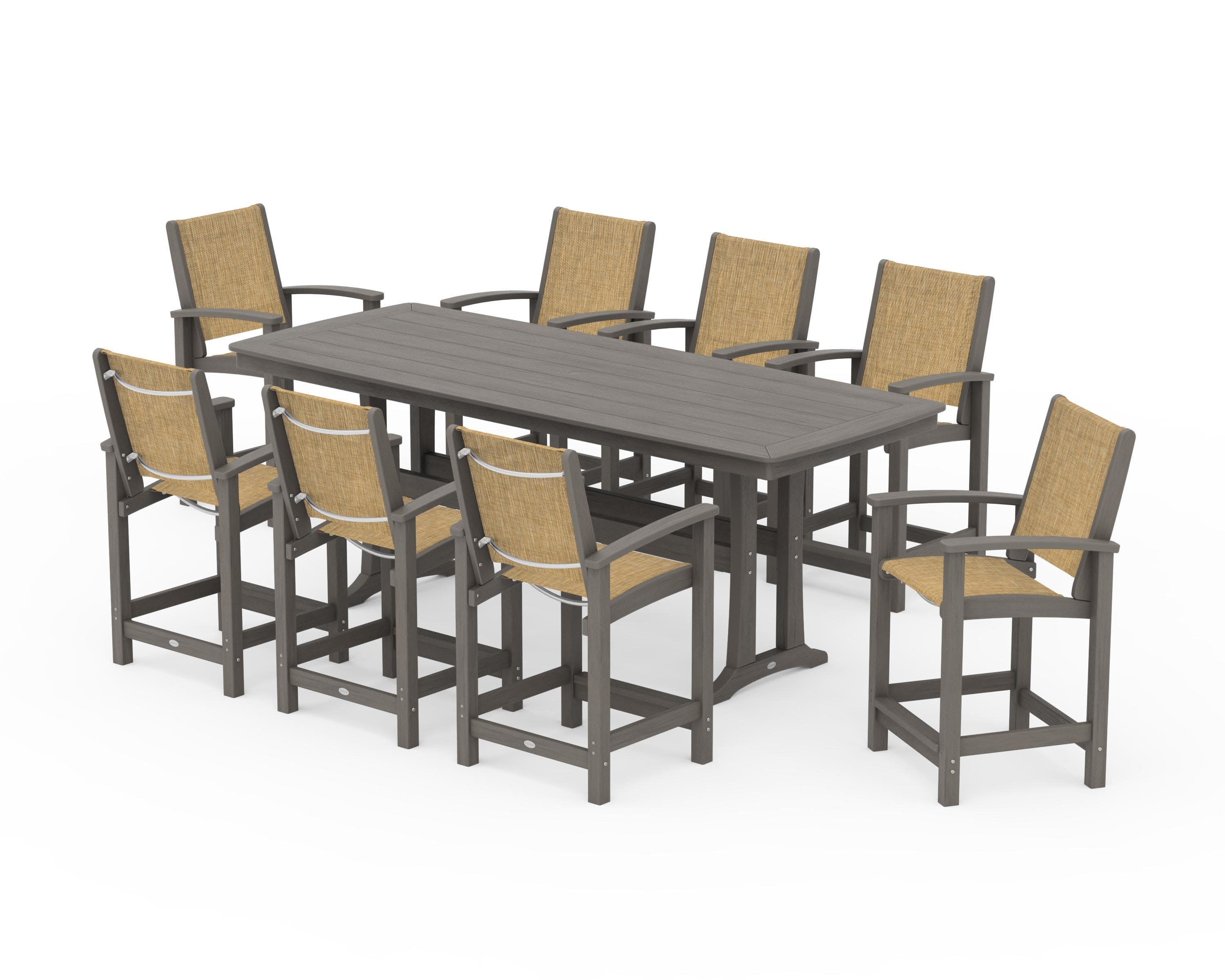 Coastal 9-Piece Counter Set with Trestle Legs in Driftwood / Burlap Sling