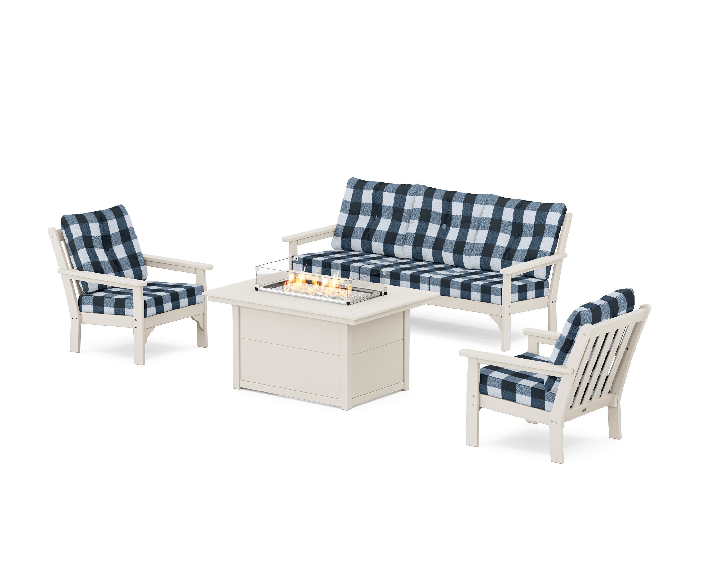 Vineyard Deep Seating Fire Pit Table Set in Sand / Buffalo Plaid Marine Indigo