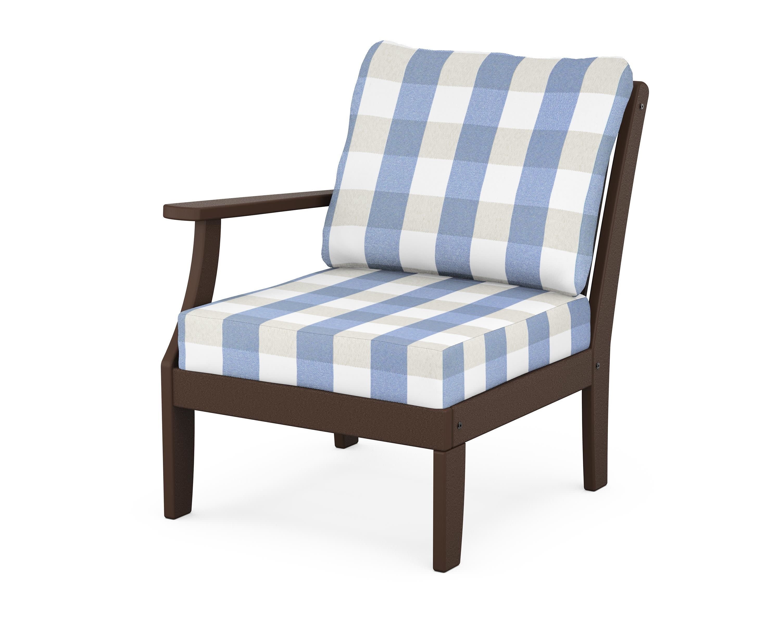 Braxton Modular Left Arm Chair in Mahogany / Buffalo Plaid Sky Blue