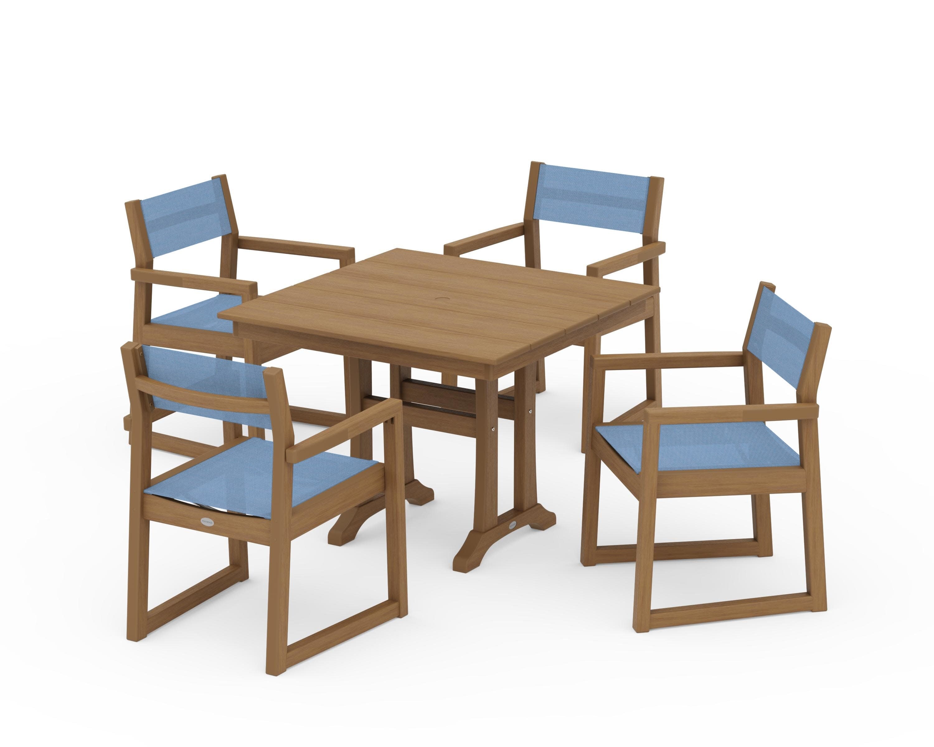 EDGE Sling 5-Piece Farmhouse Dining Set with Trestle Legs in Natural / Poolside Sling