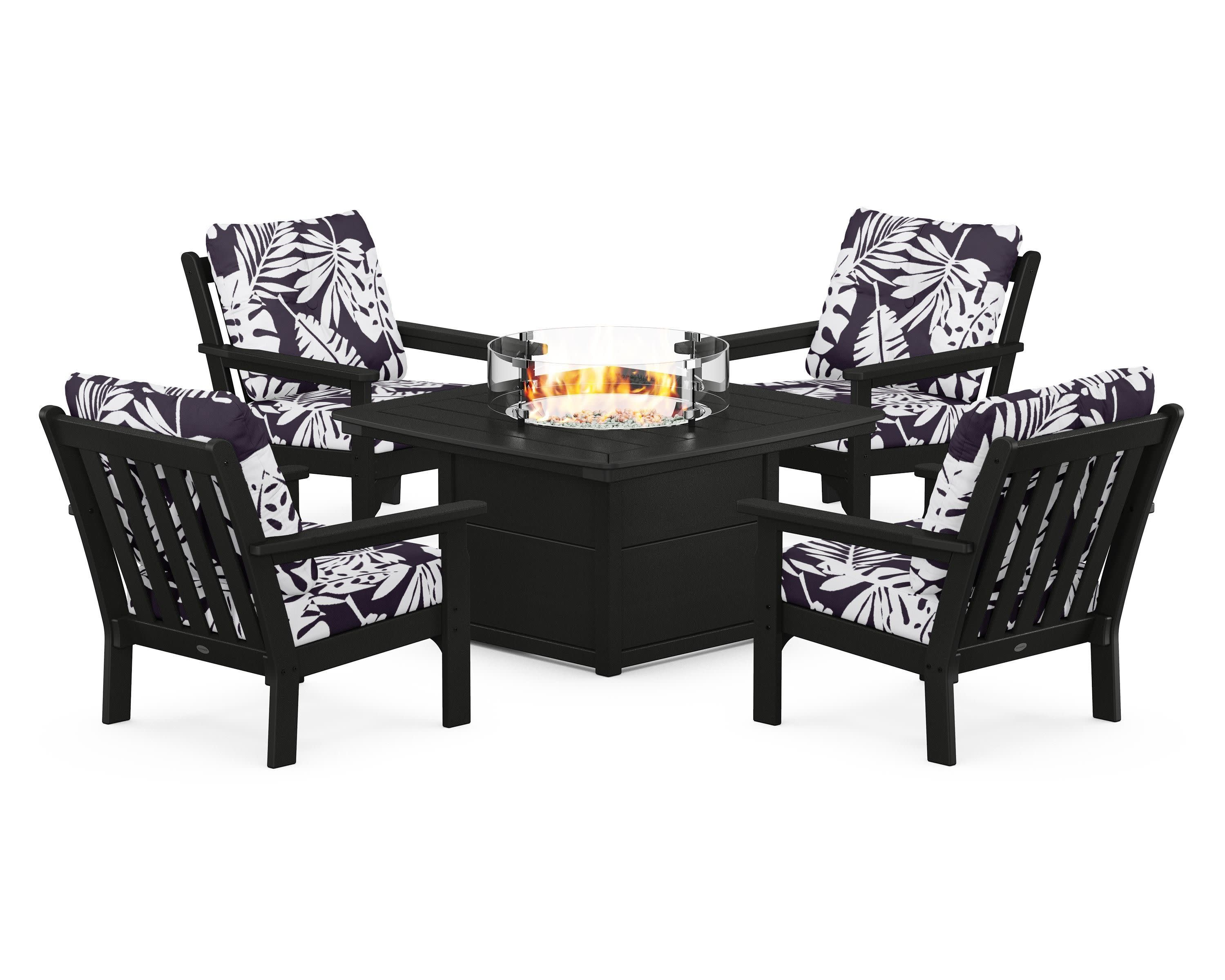 Vineyard 5-Piece Conversation Set with Fire Pit Table in Black / Leaf Navy