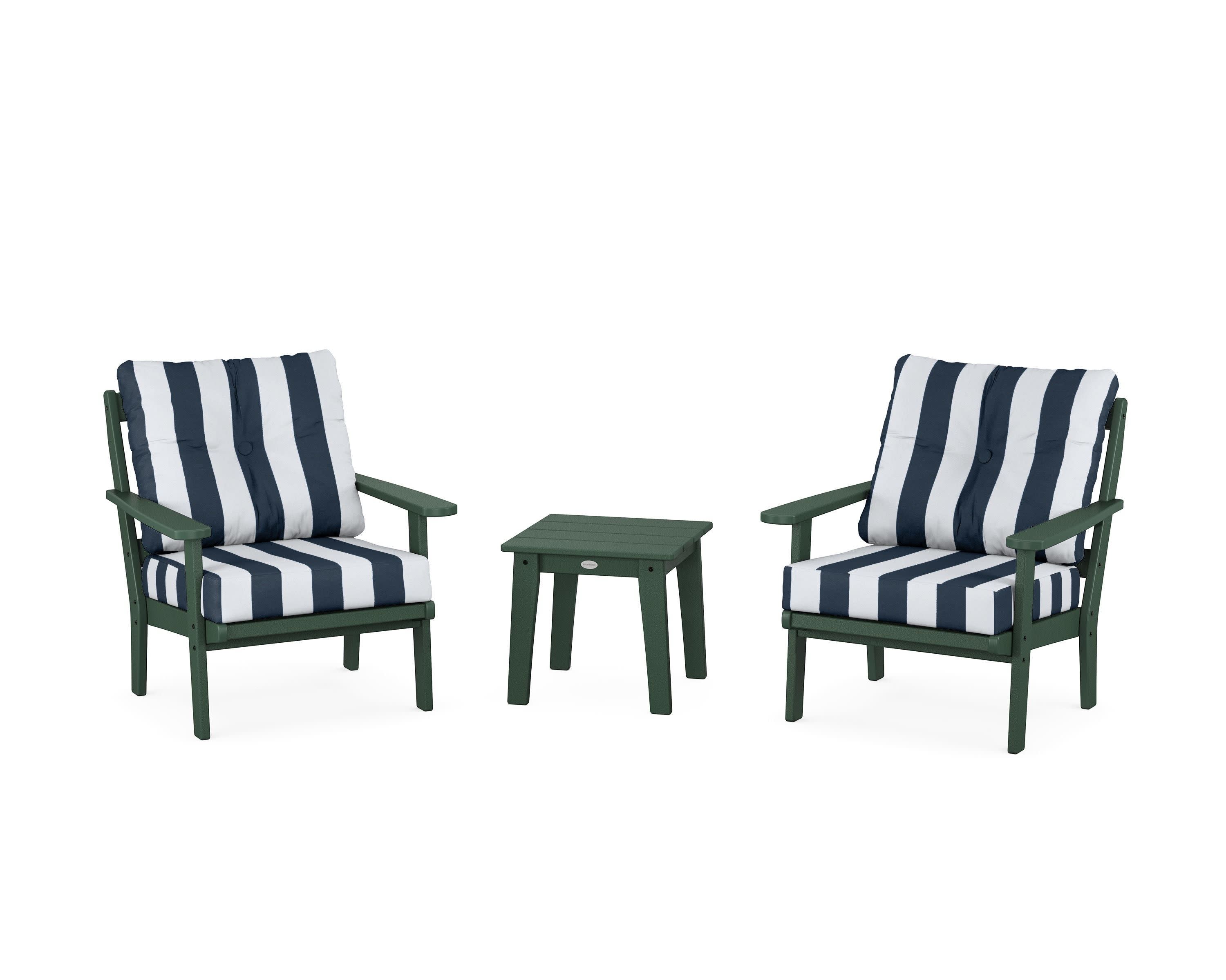 Mission 3-Piece Deep Seating Set in Green / Cabana Stripe Marine Indigo