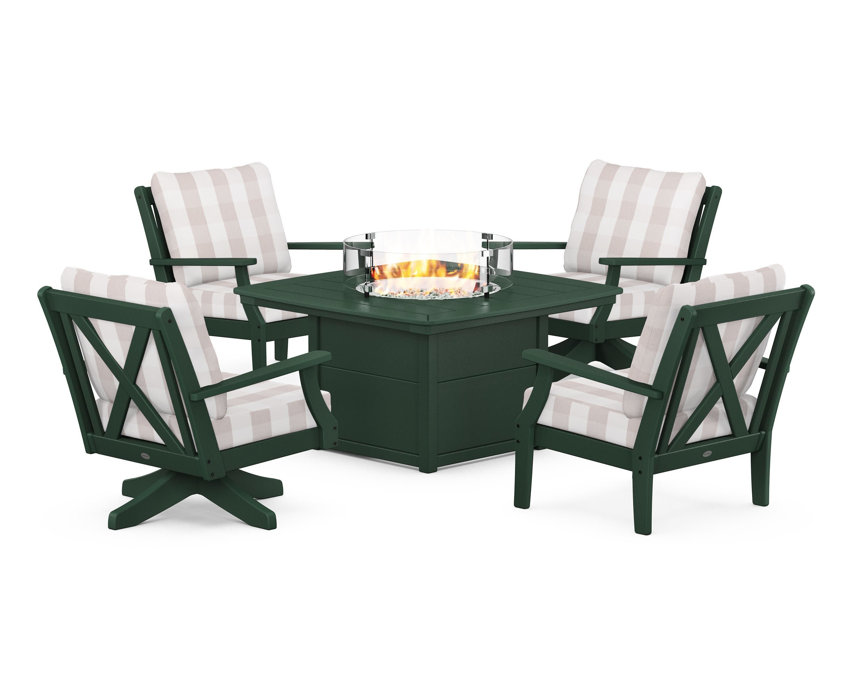 Braxton 5-Piece Deep Seating Set with Fire Table in Green / Buffalo Plaid Dune Burlap