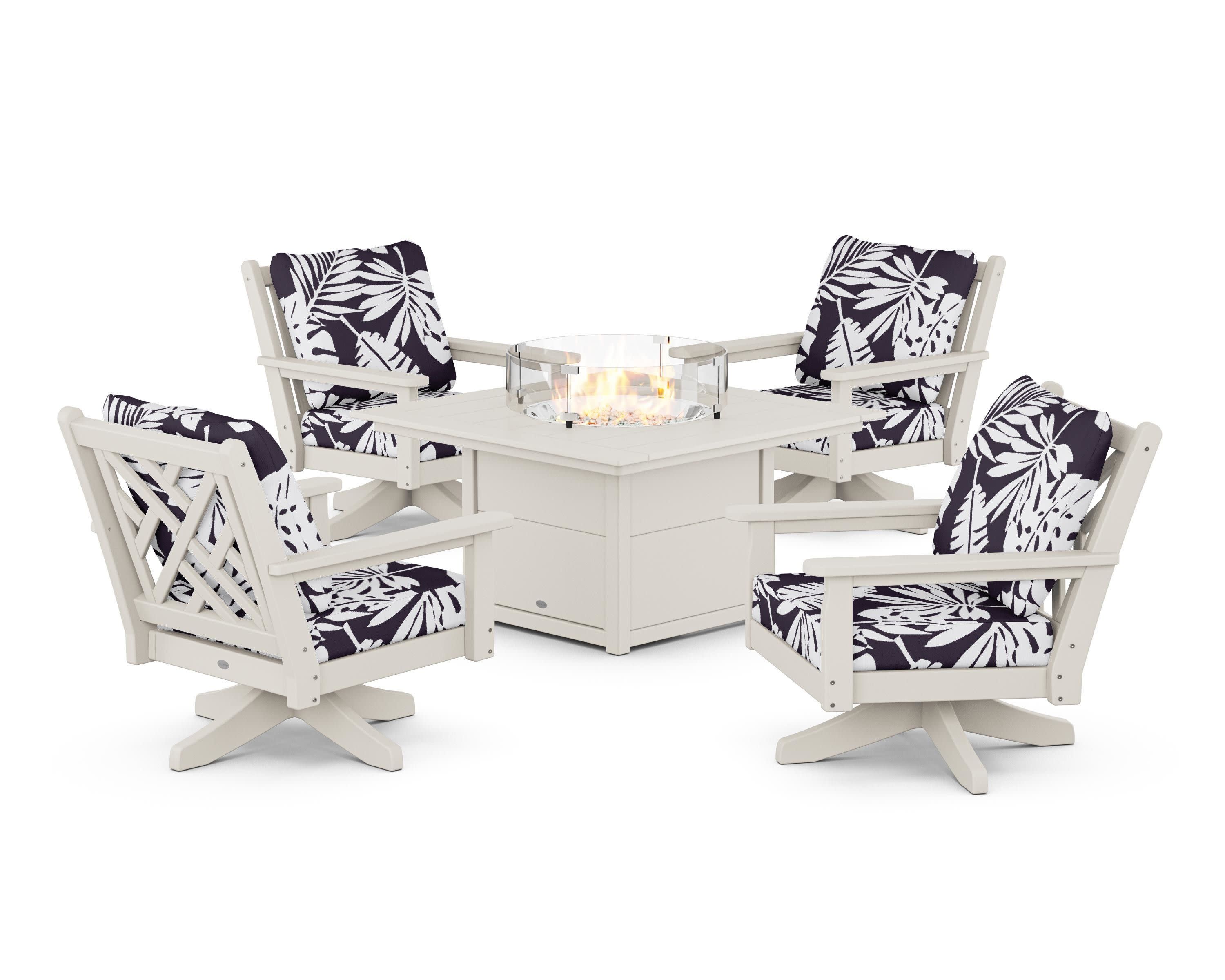 Chippendale 5-Piece Deep Seating Swivel Conversation Set with Fire Pit Table in Sand / Leaf Navy