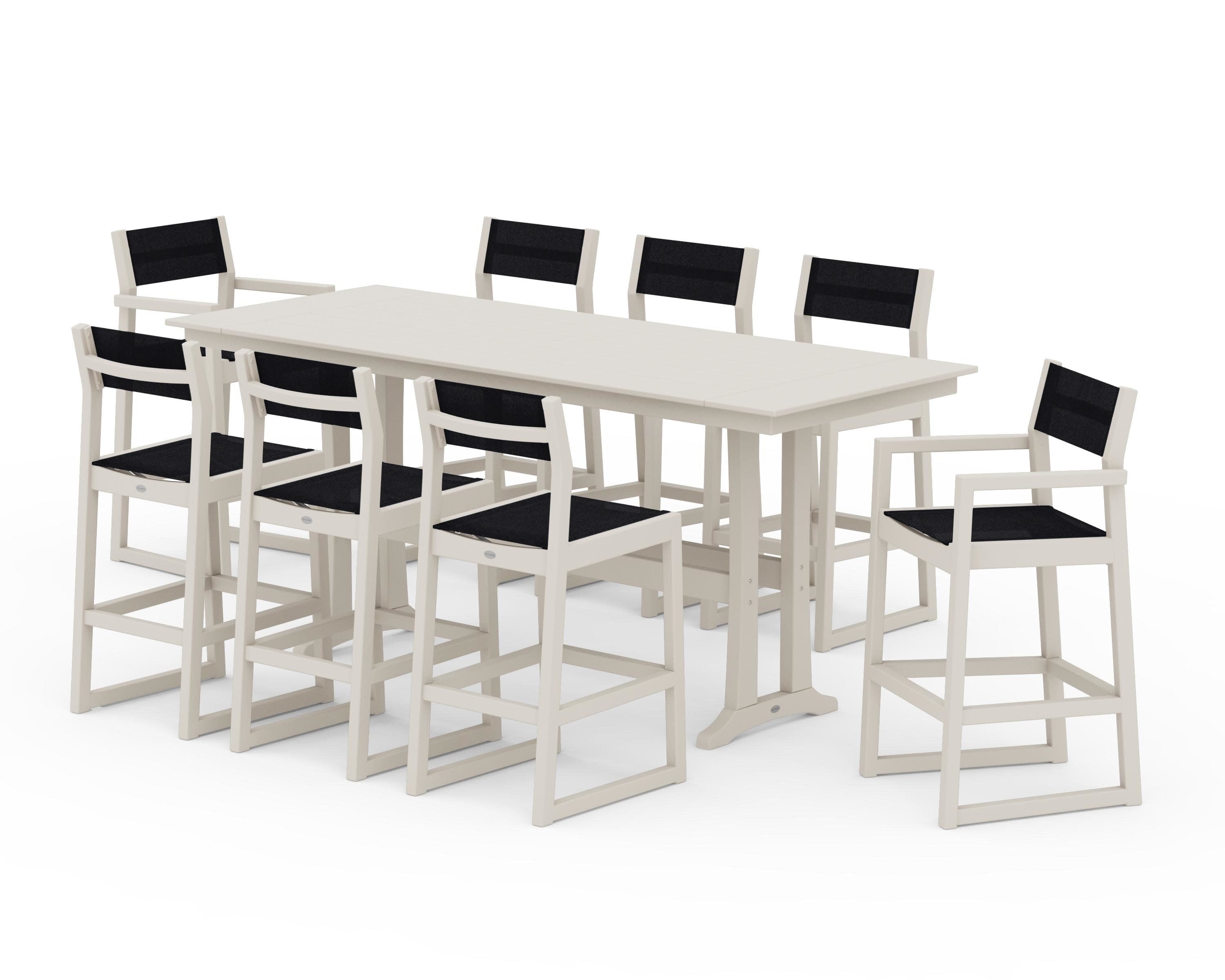 EDGE Sling 9-Piece Farmhouse Bar Set with Trestle Legs in Sand / Black Sling