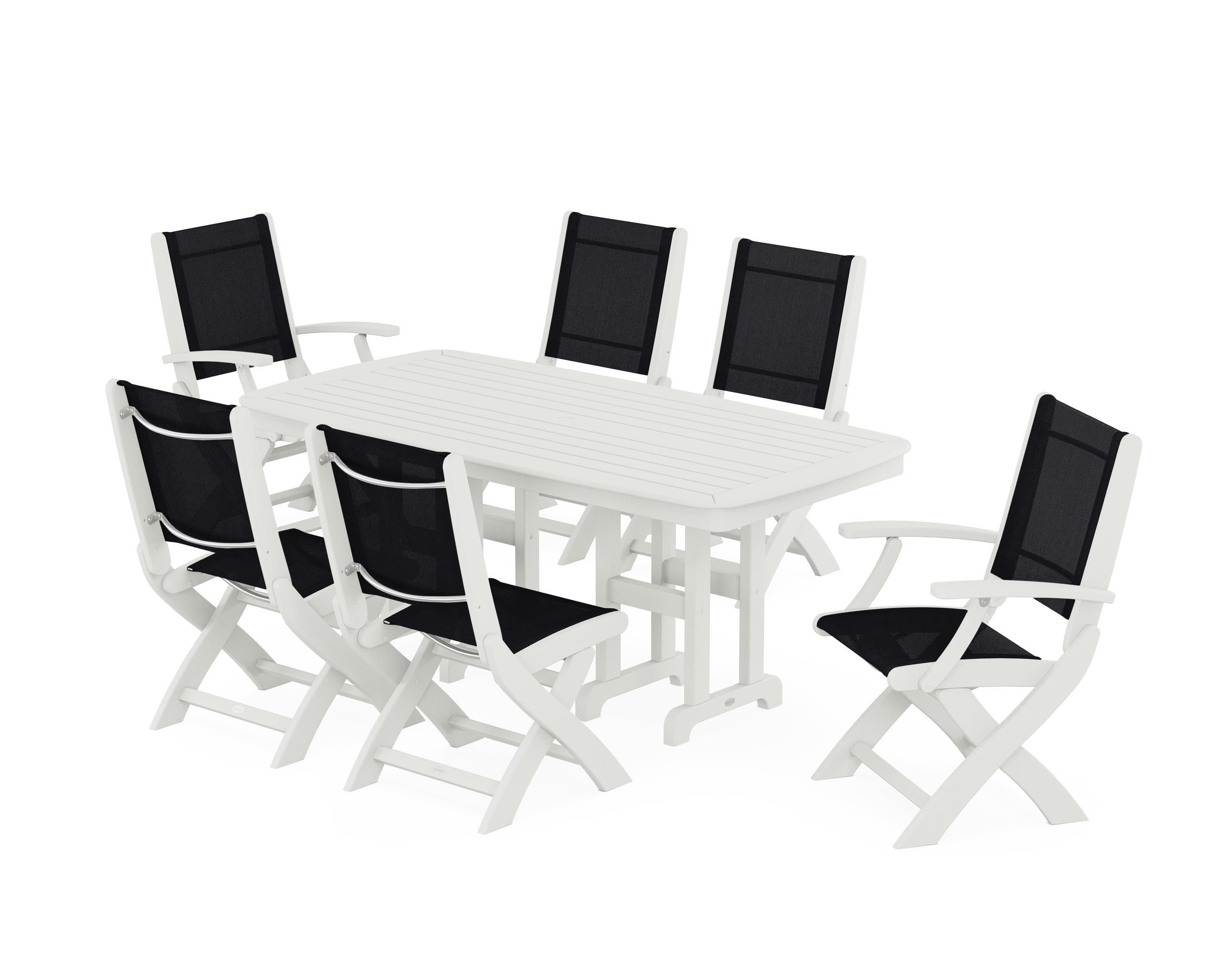 Coastal Folding Chair 7-Piece Dining Set in Vintage White / Black Sling