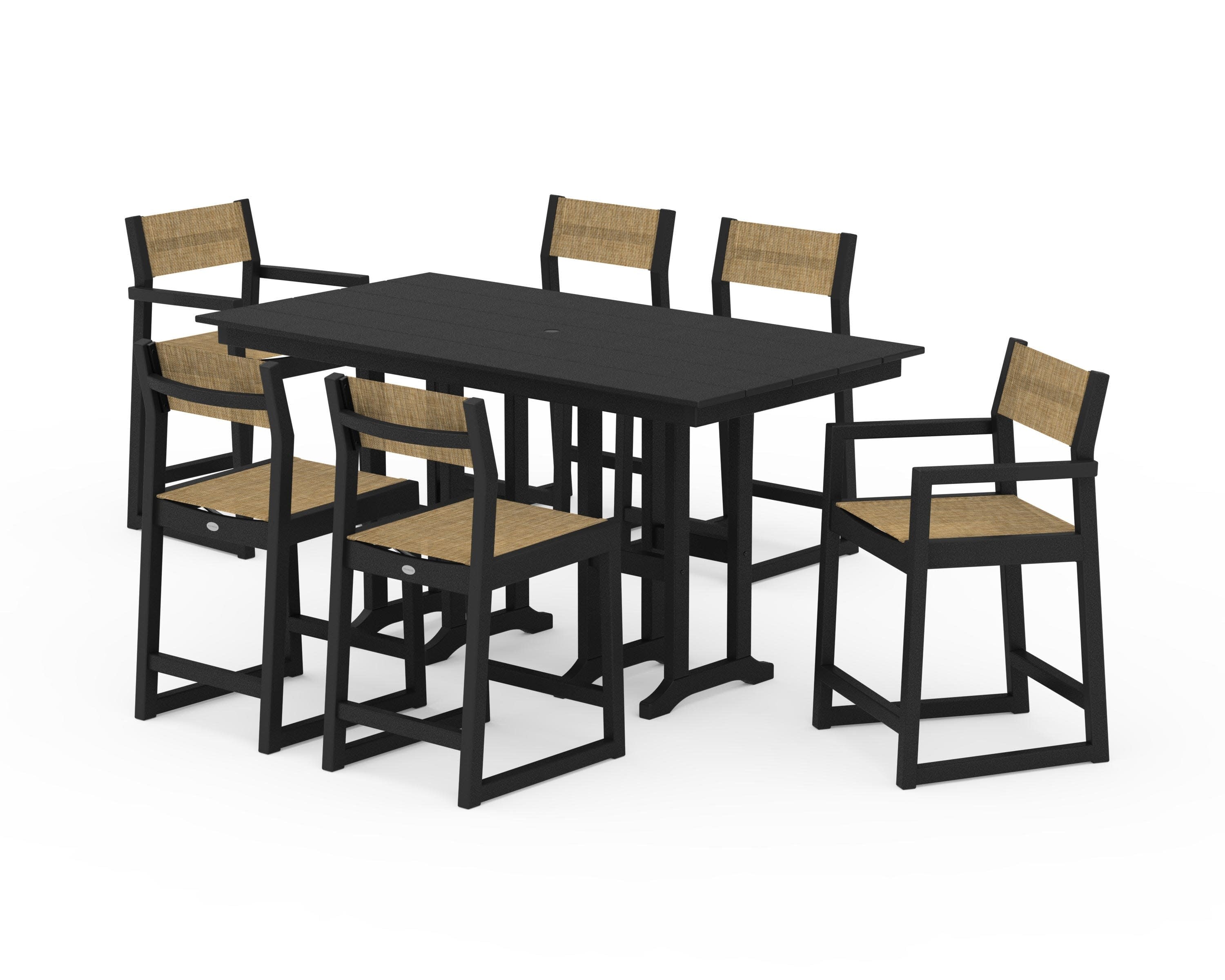 EDGE Sling 7-Piece Farmhouse Counter Set with Trestle Legs in Black / Burlap Sling