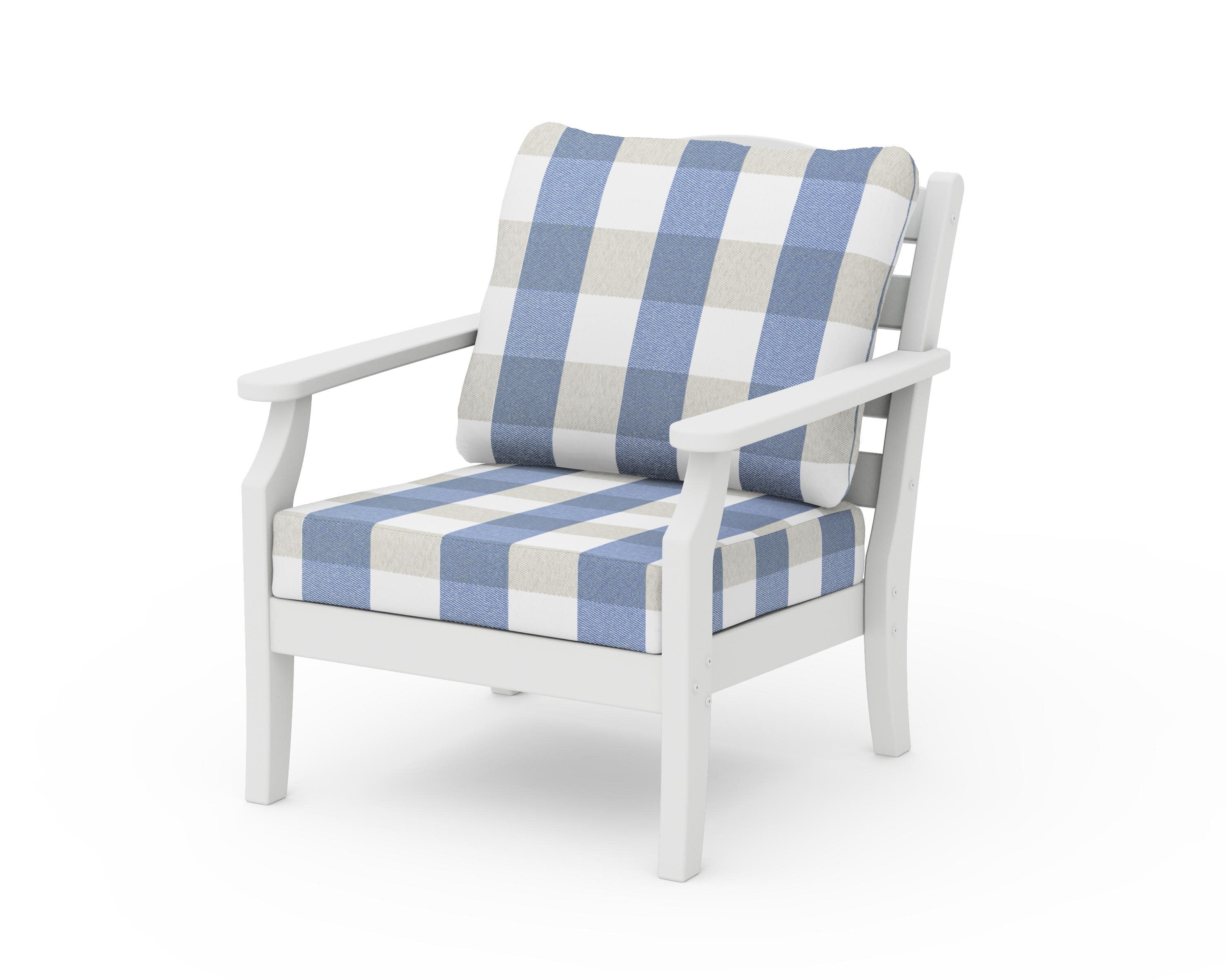Savannah Deep Seating Chair in White / Buffalo Plaid Sky Blue