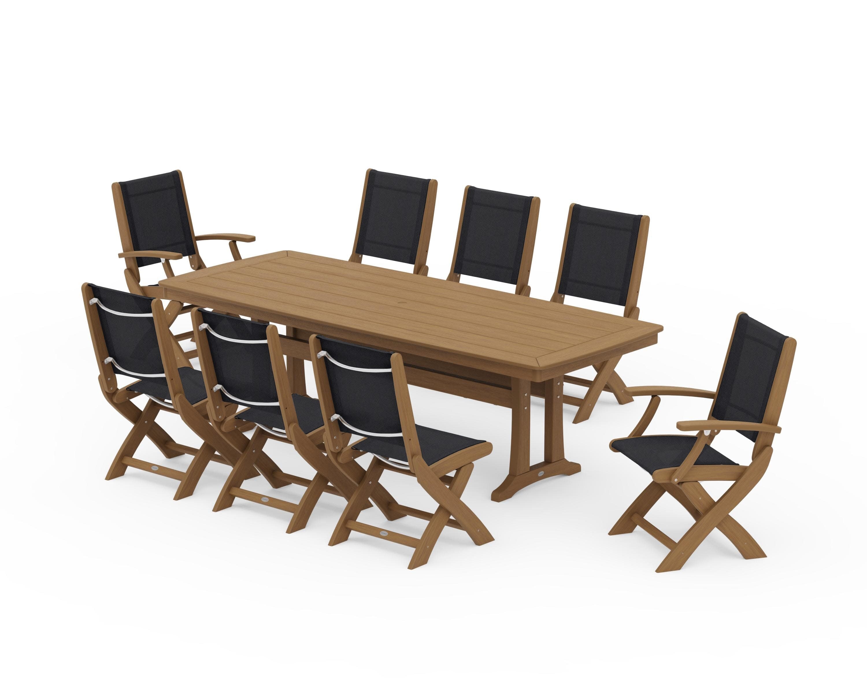 Coastal Folding 9-Piece Dining Set with Trestle Legs in Natural / Black Sling