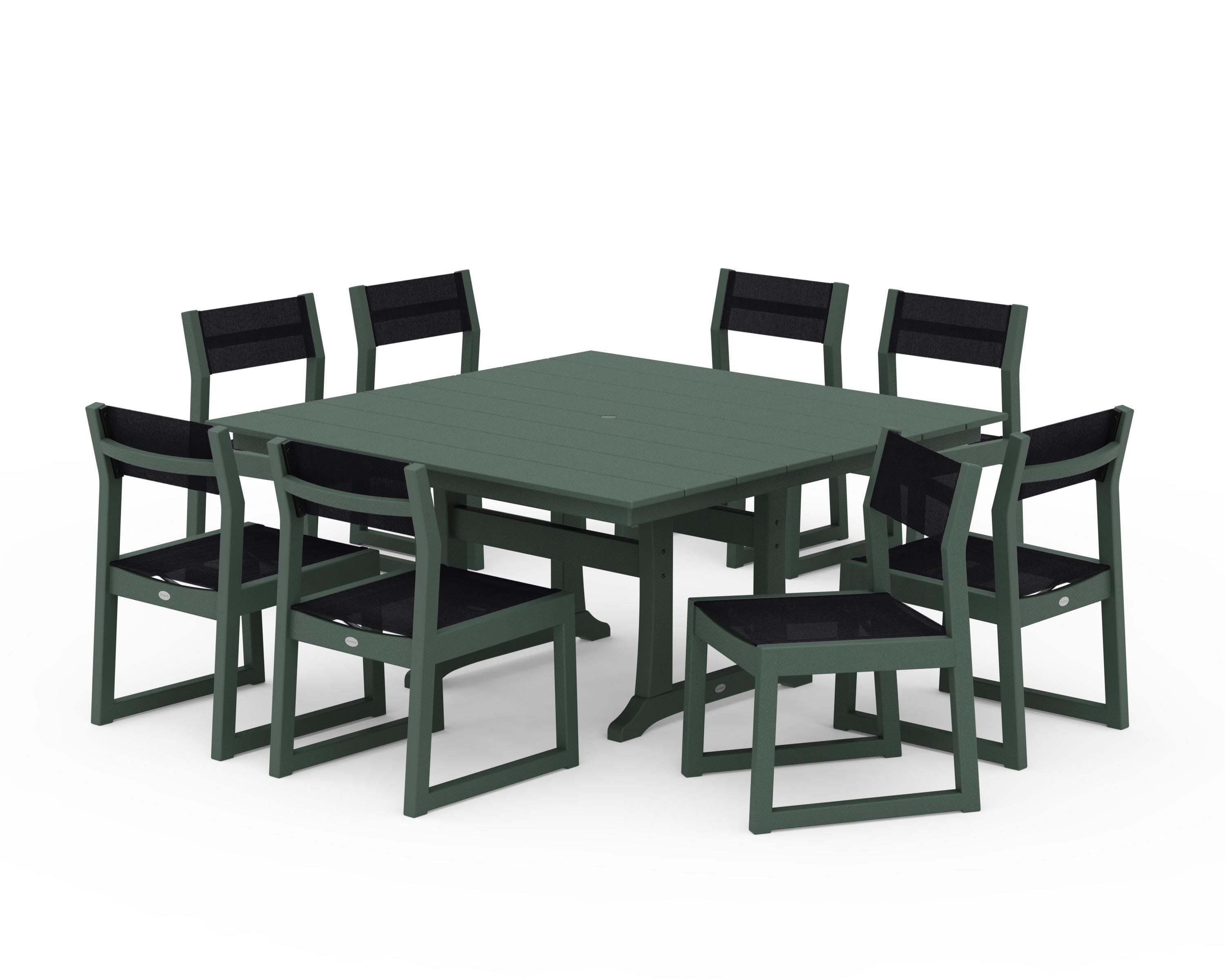 EDGE Sling Side Chair 9-Piece Farmhouse Trestle Dining Set in Green / Black Sling