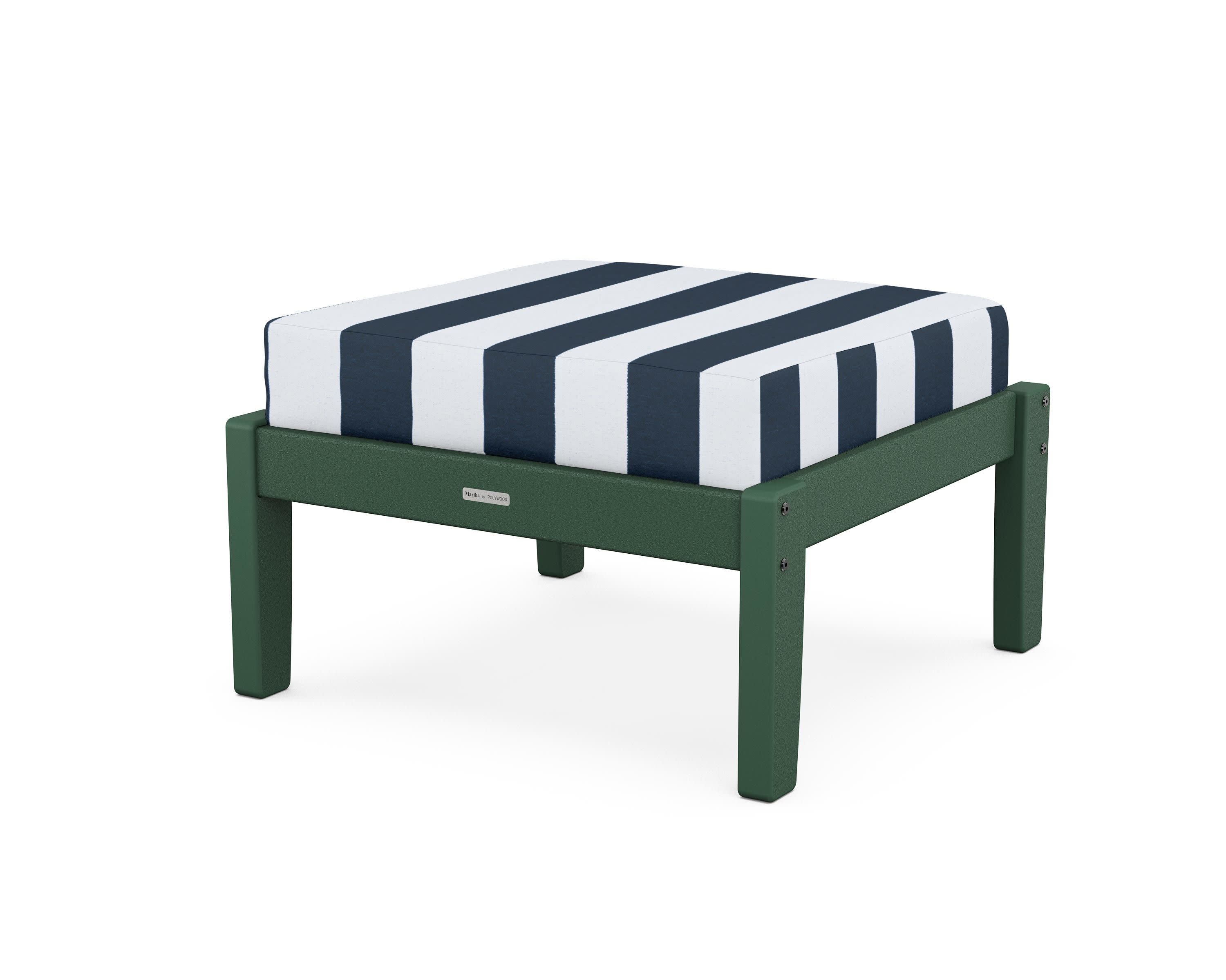 Chinoiserie Deep Seating Ottoman in Green / Cabana Stripe Marine Indigo
