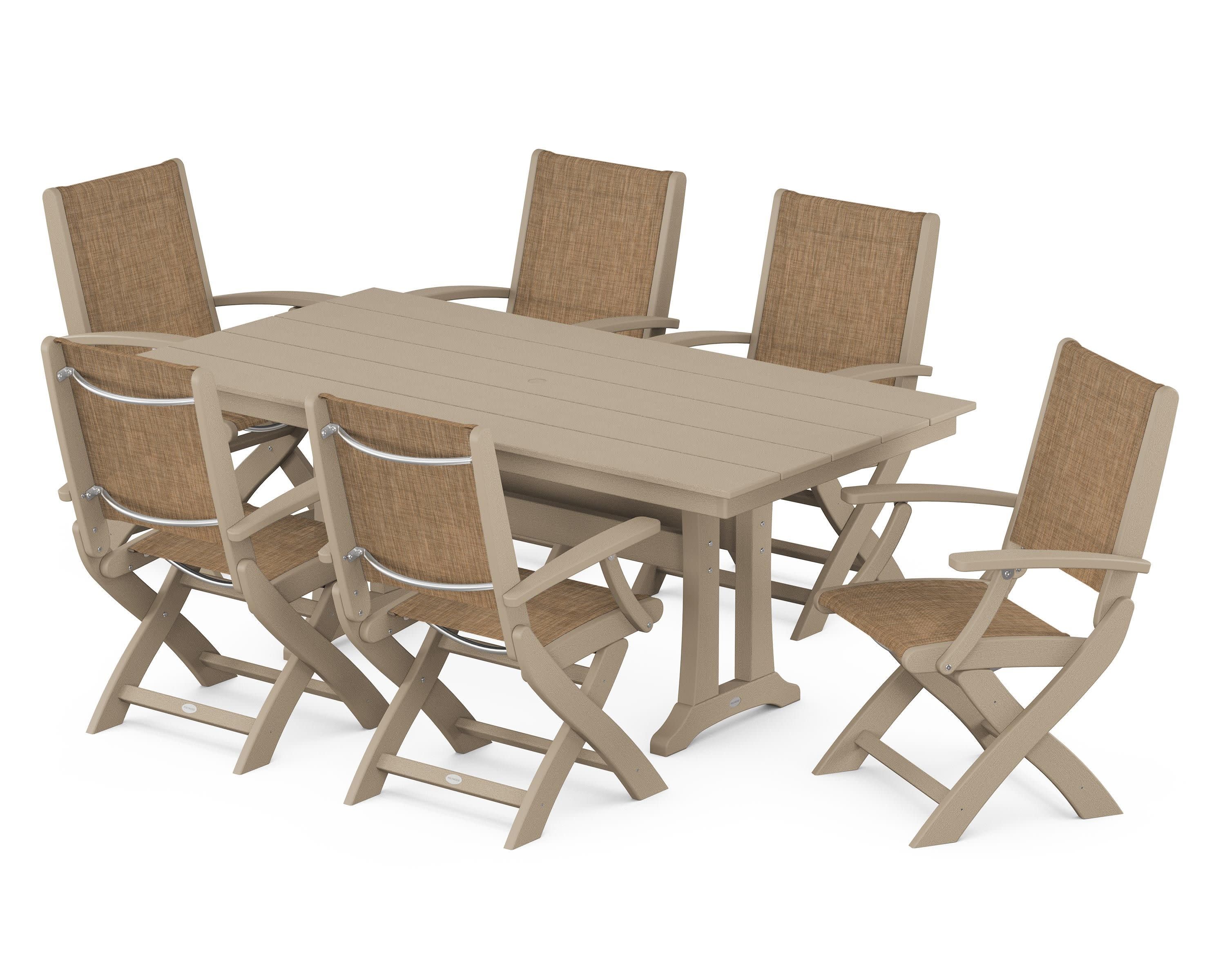 Coastal Folding Arm Chair 7-Piece Farmhouse Dining Set with Trestle Legs in Vintage Sahara / Burlap Sling