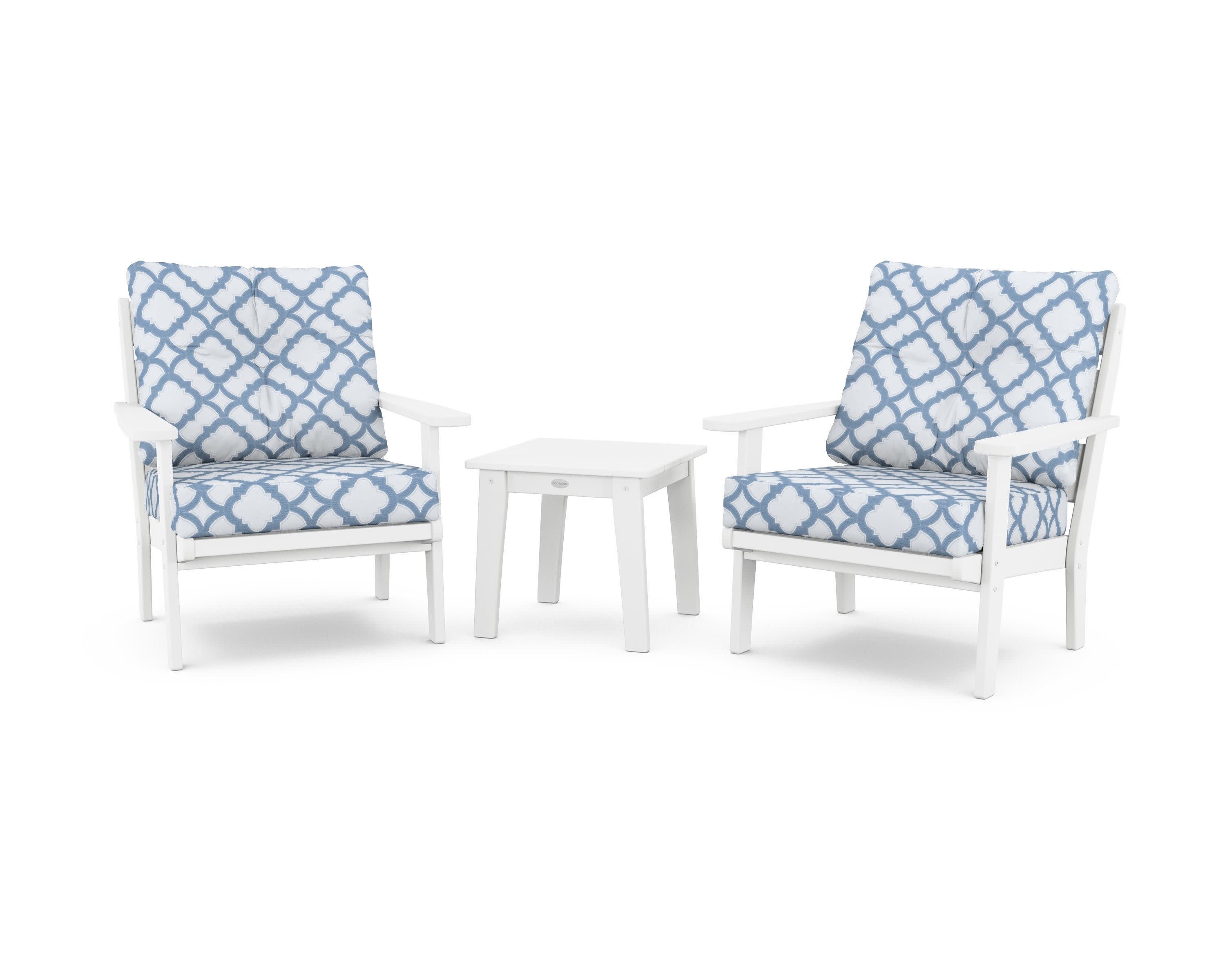 Lakeside 3-Piece Deep Seating Chair Set in White / Trellis Sky Blue