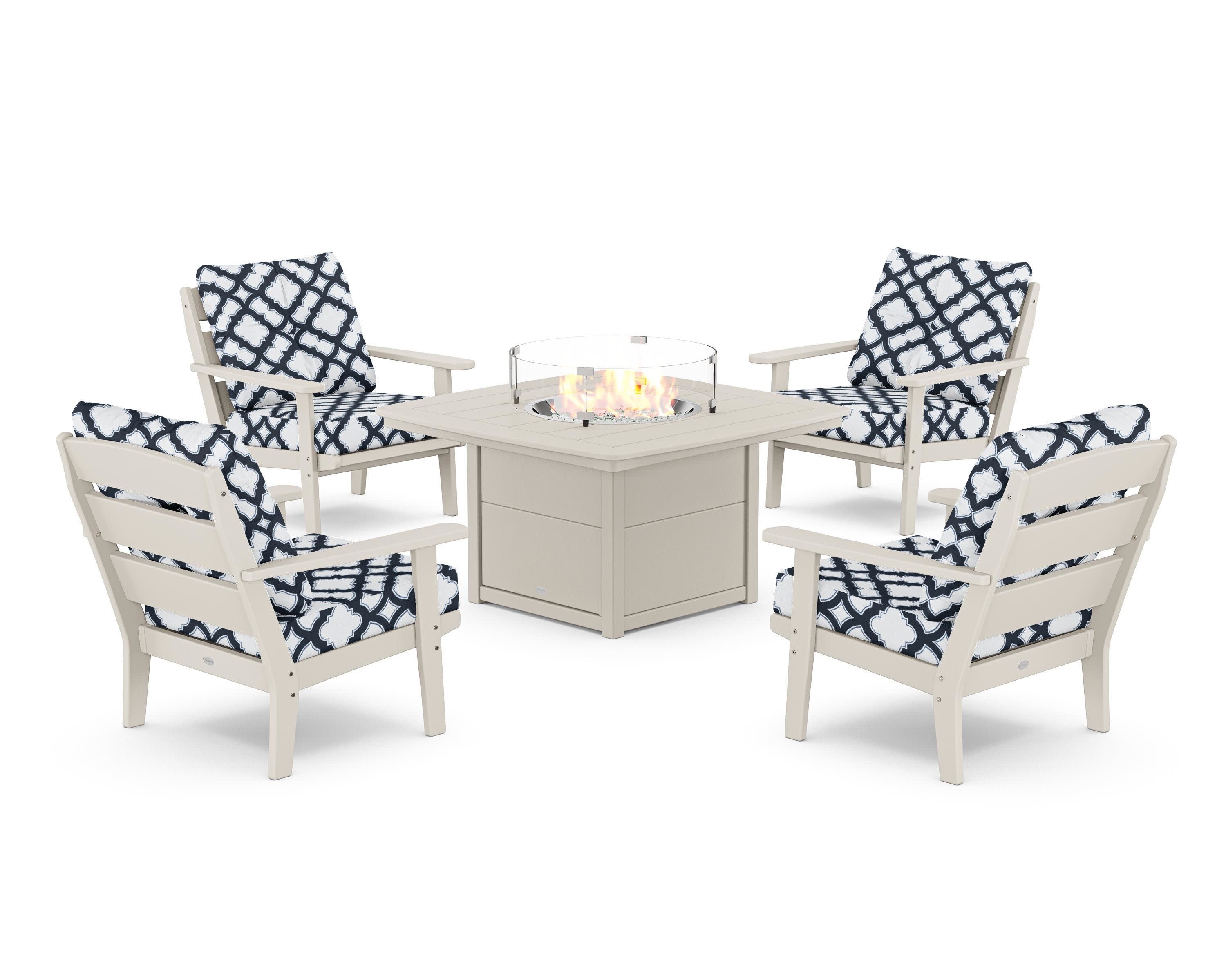 Lakeside 5-Piece Deep Seating Set with Nautical Fire Pit Table in Sand / Trellis Marine Indigo