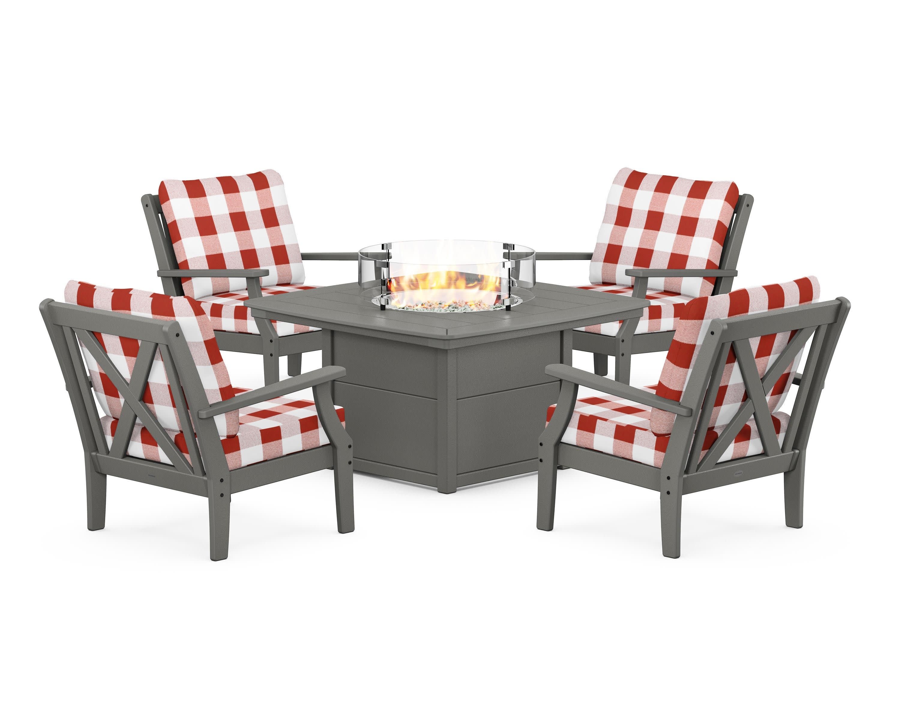 Braxton 5-Piece Deep Seating Conversation Set with Fire Pit Table in Slate Grey / Buffalo Plaid Crimson