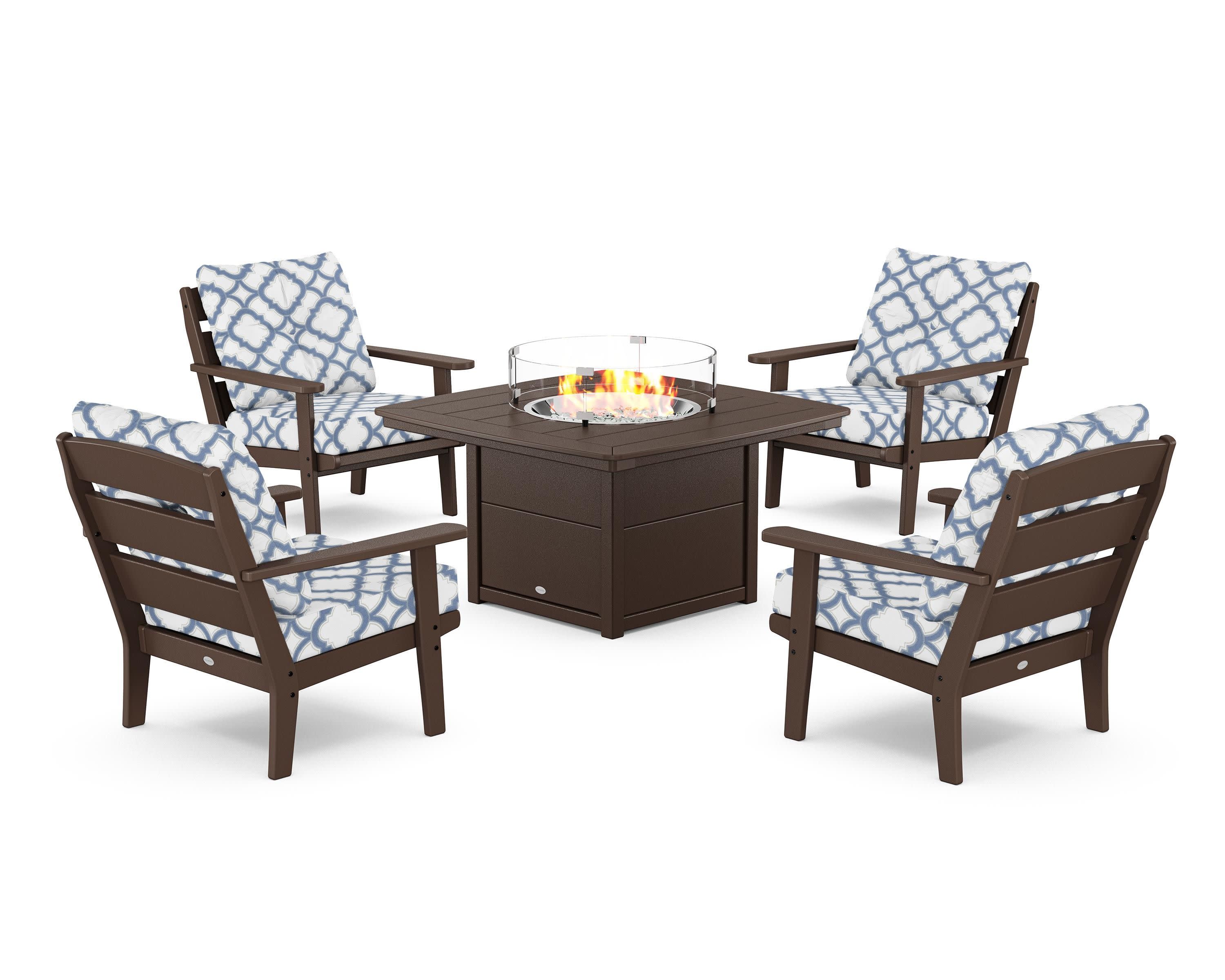Lakeside 5-Piece Deep Seating Set with Nautical Fire Pit Table in Mahogany / Trellis Sky Blue