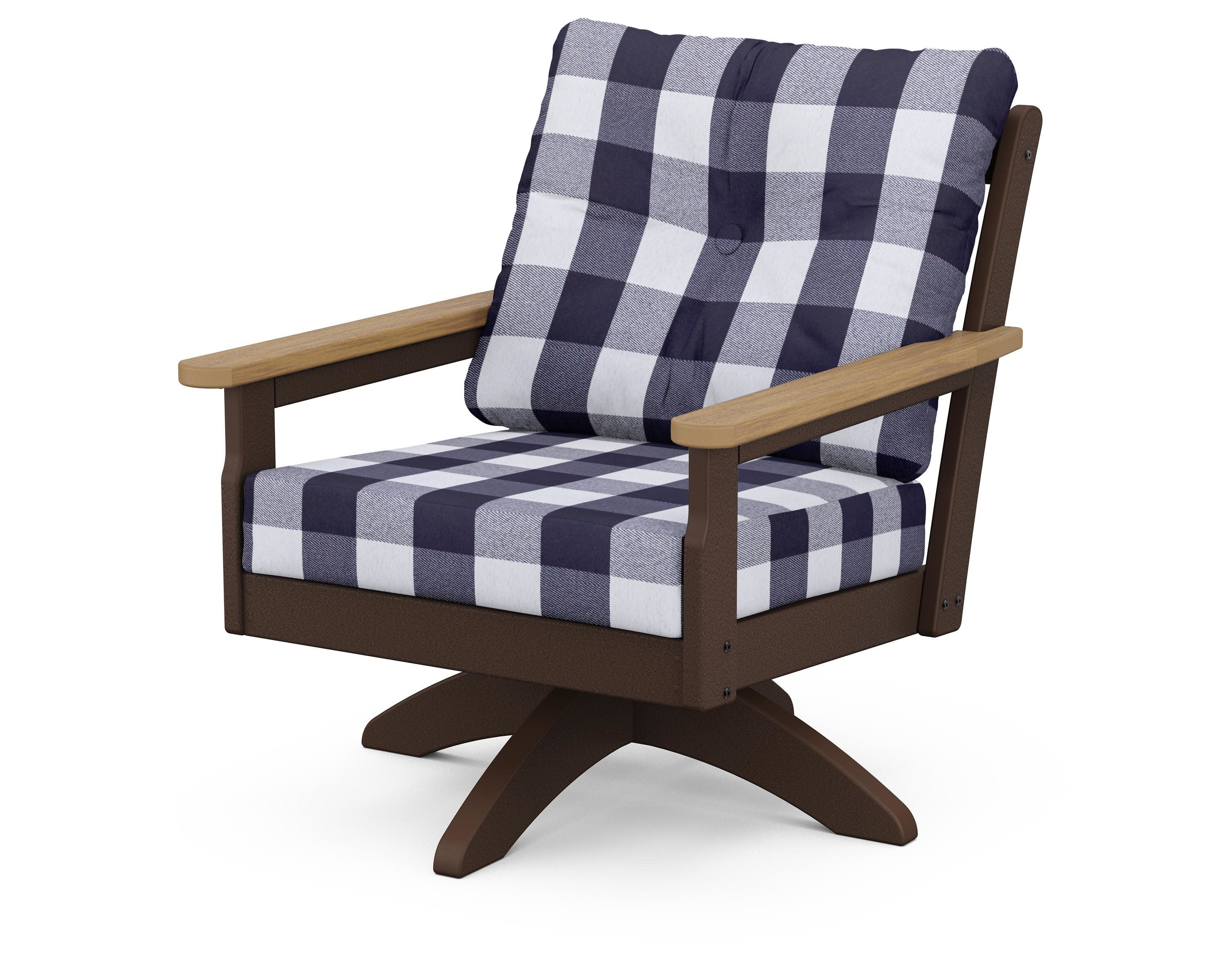 Vineyard Deep Seating Swivel Chair in Mahogany / Natural / Buffalo Plaid Navy