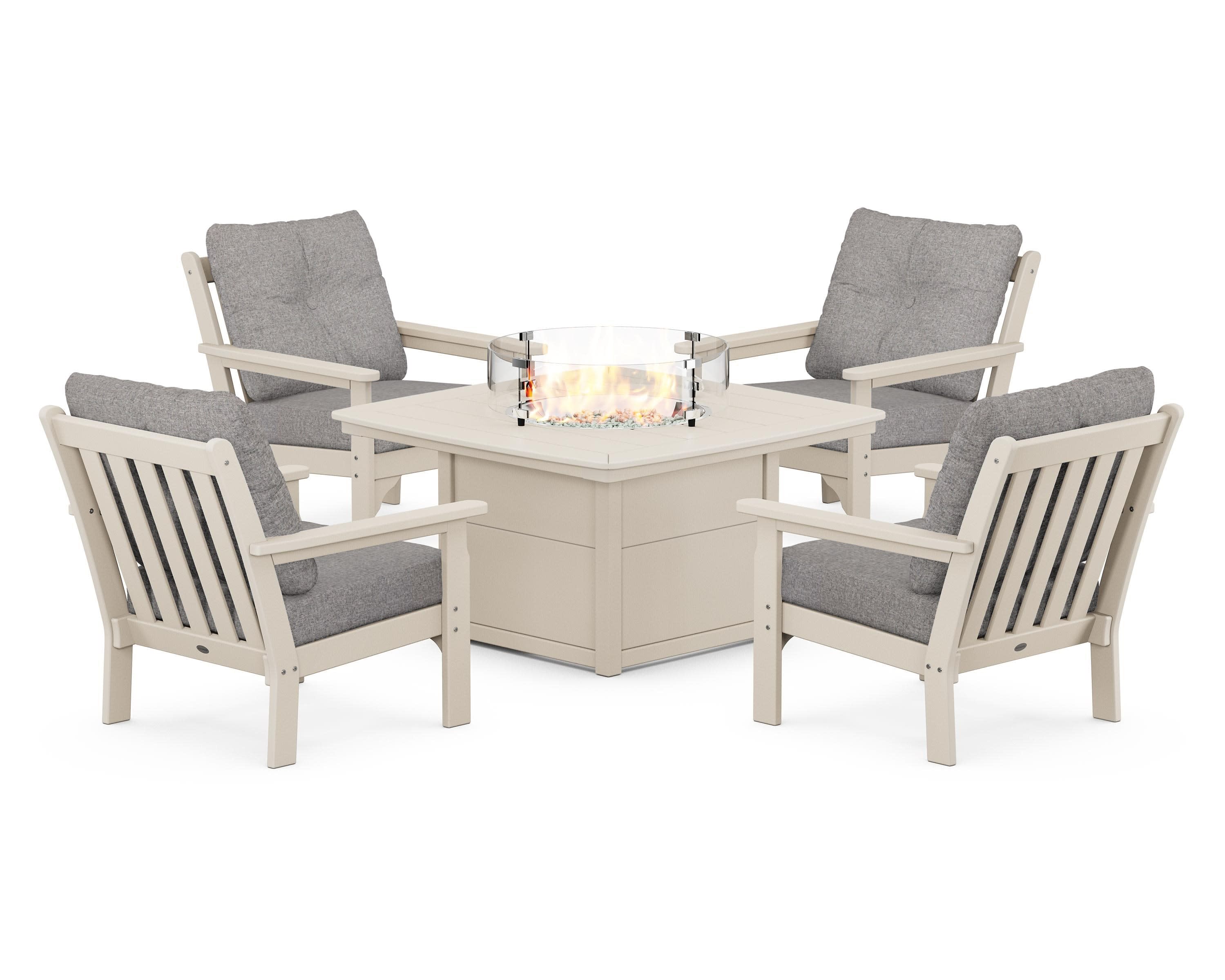 Vineyard 5-Piece Conversation Set with Fire Pit Table in Sand / Grey Mist