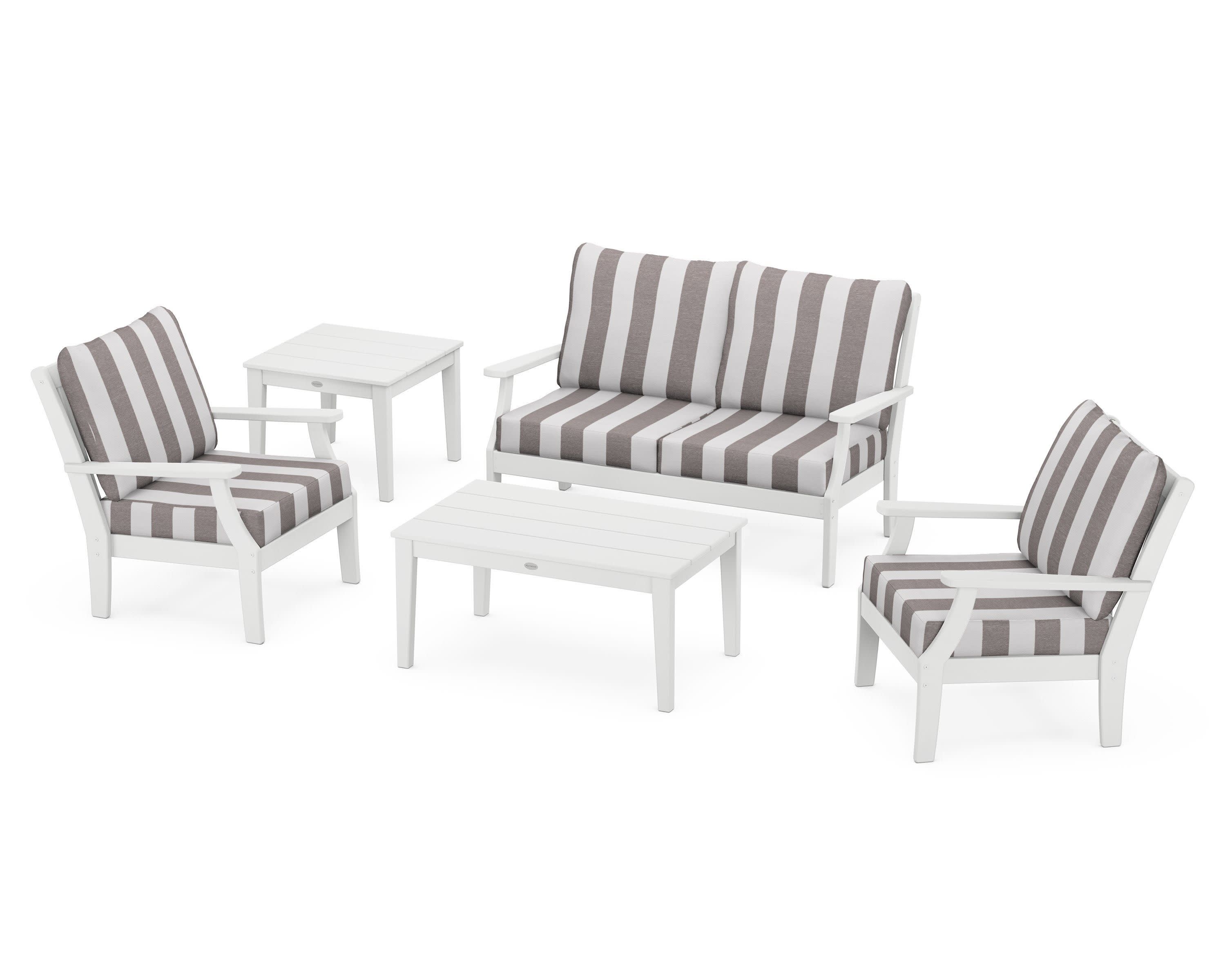Braxton 5-Piece Deep Seating Set in White / Cabana Stripe Grey Mist