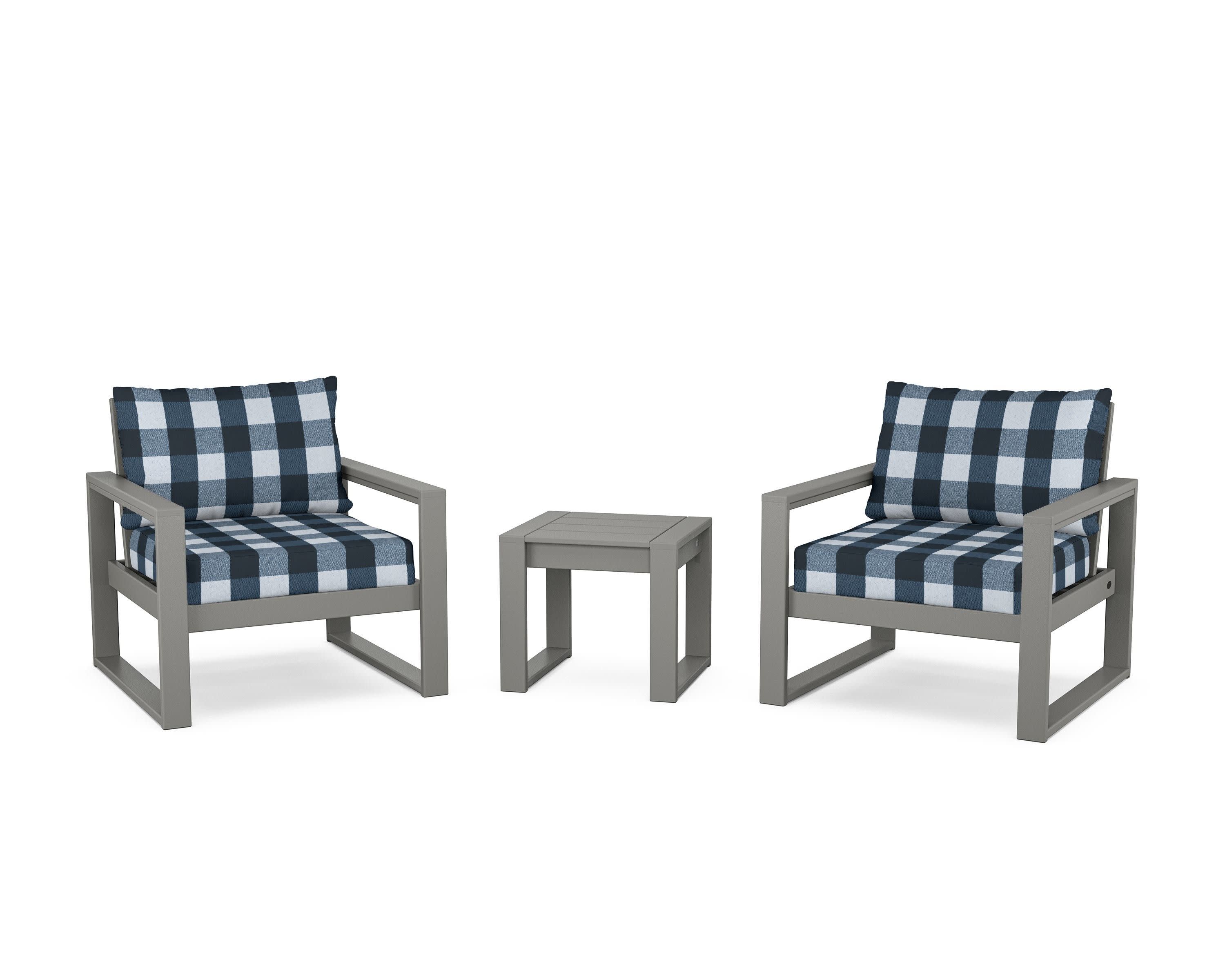EDGE Sectional 3-Piece Deep Seating Set in Slate Grey / Buffalo Plaid Marine Indigo