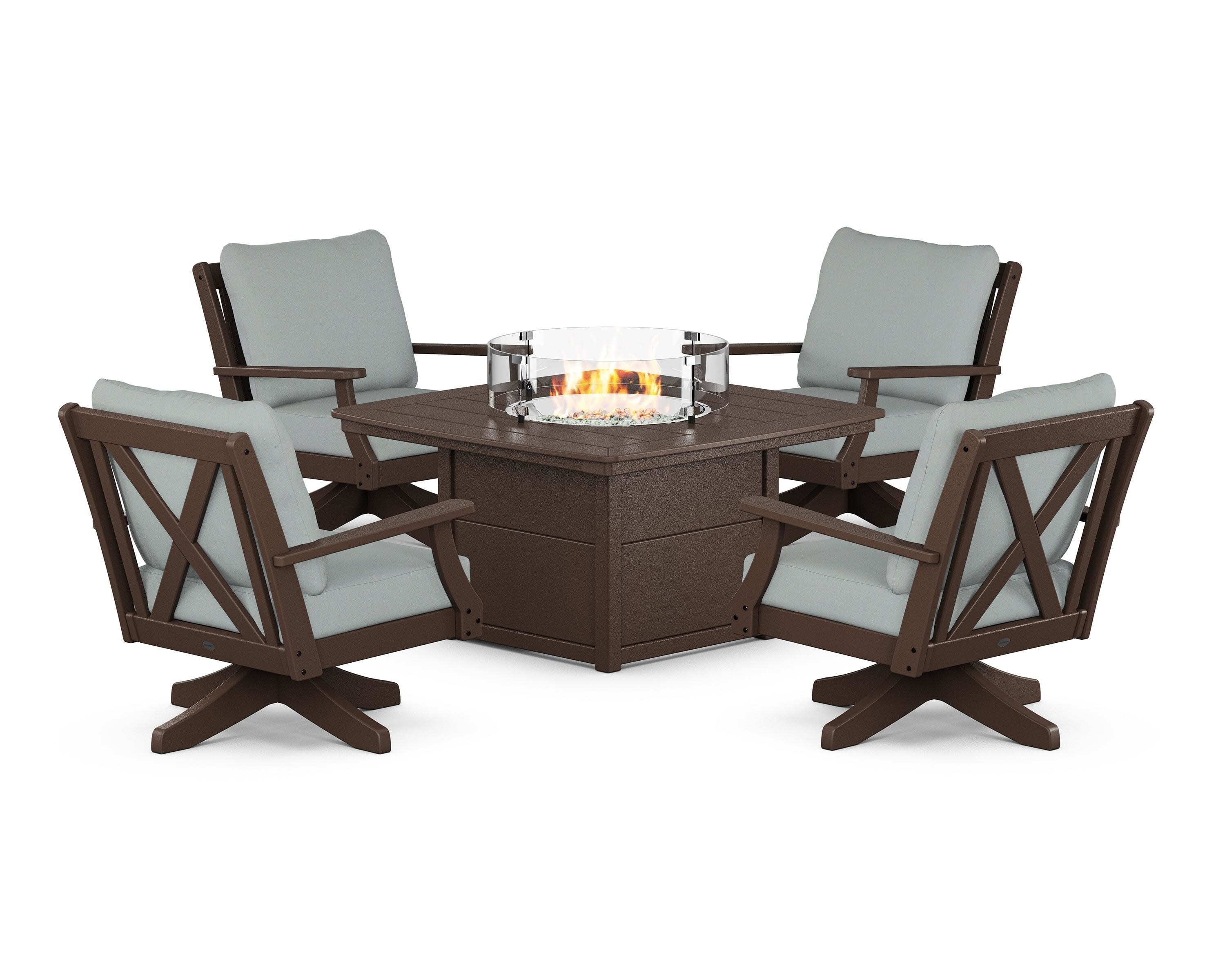 Braxton 5-Piece Deep Seating Swivel Conversation Set with Fire Pit Table in Mahogany / Spa