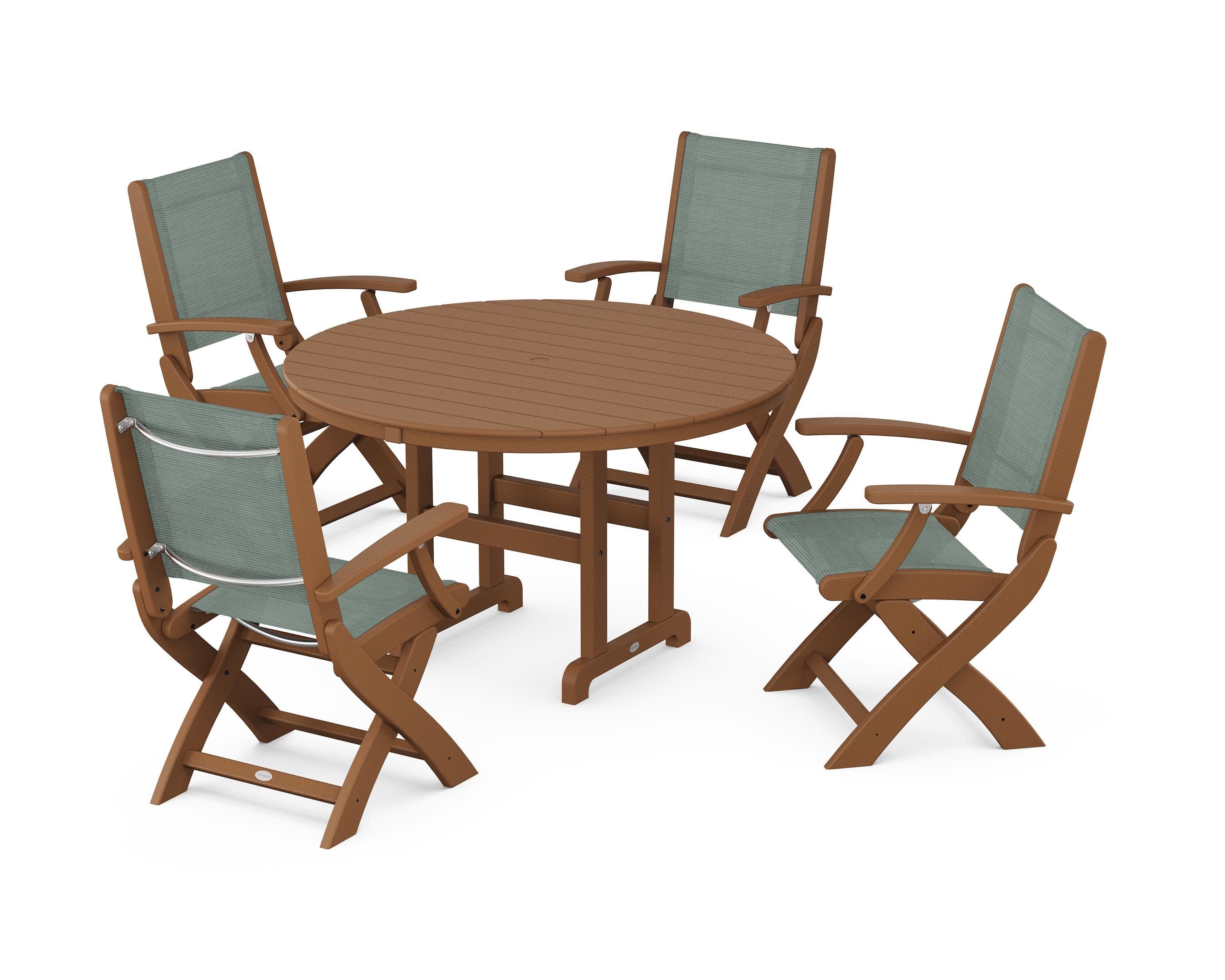 Coastal Folding Chair 5-Piece Round Dining Set in Teak / Dupioni Sea Mist Sling