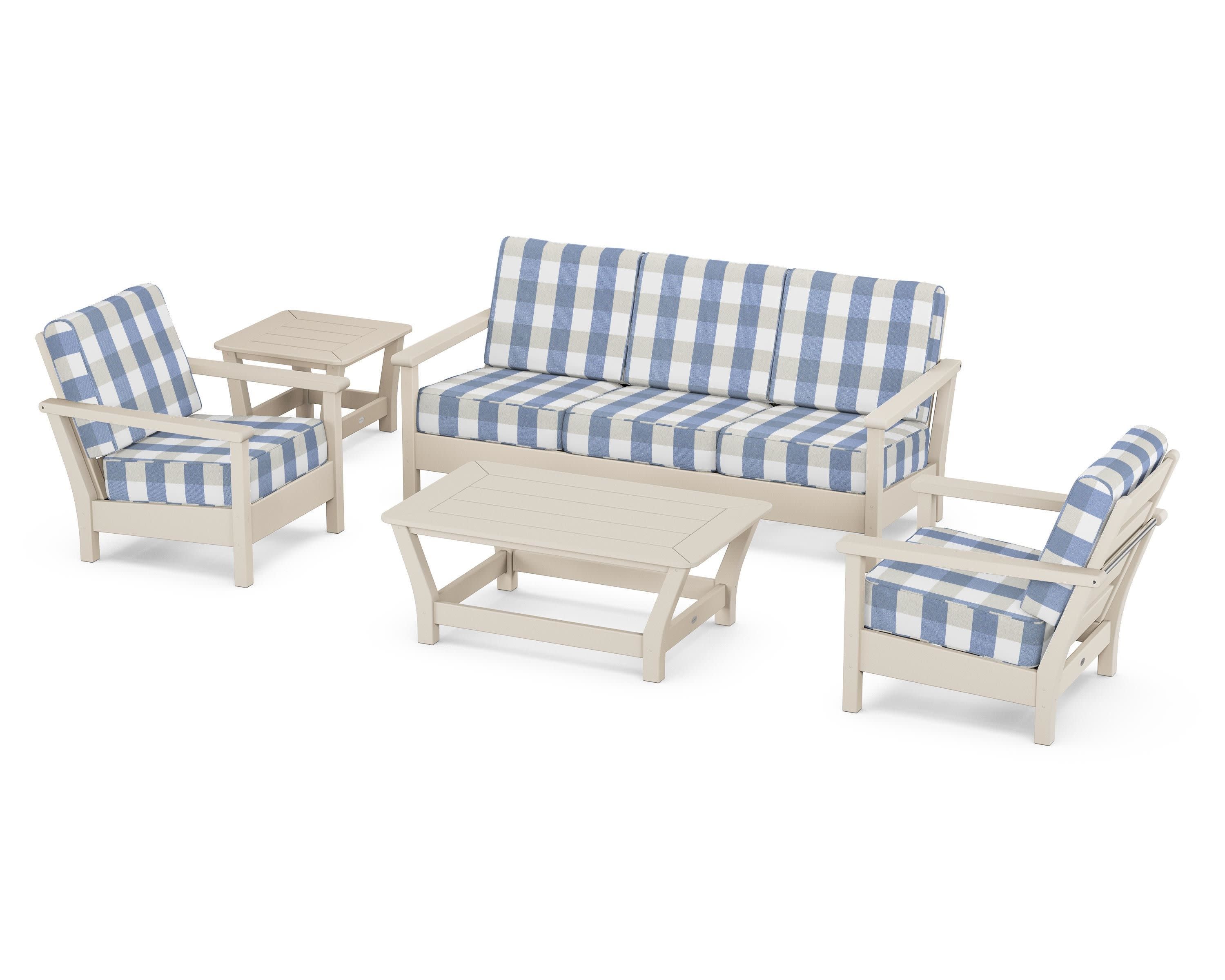Harbour 5-Piece Deep Seating Set in Sand / Buffalo Plaid Sky Blue