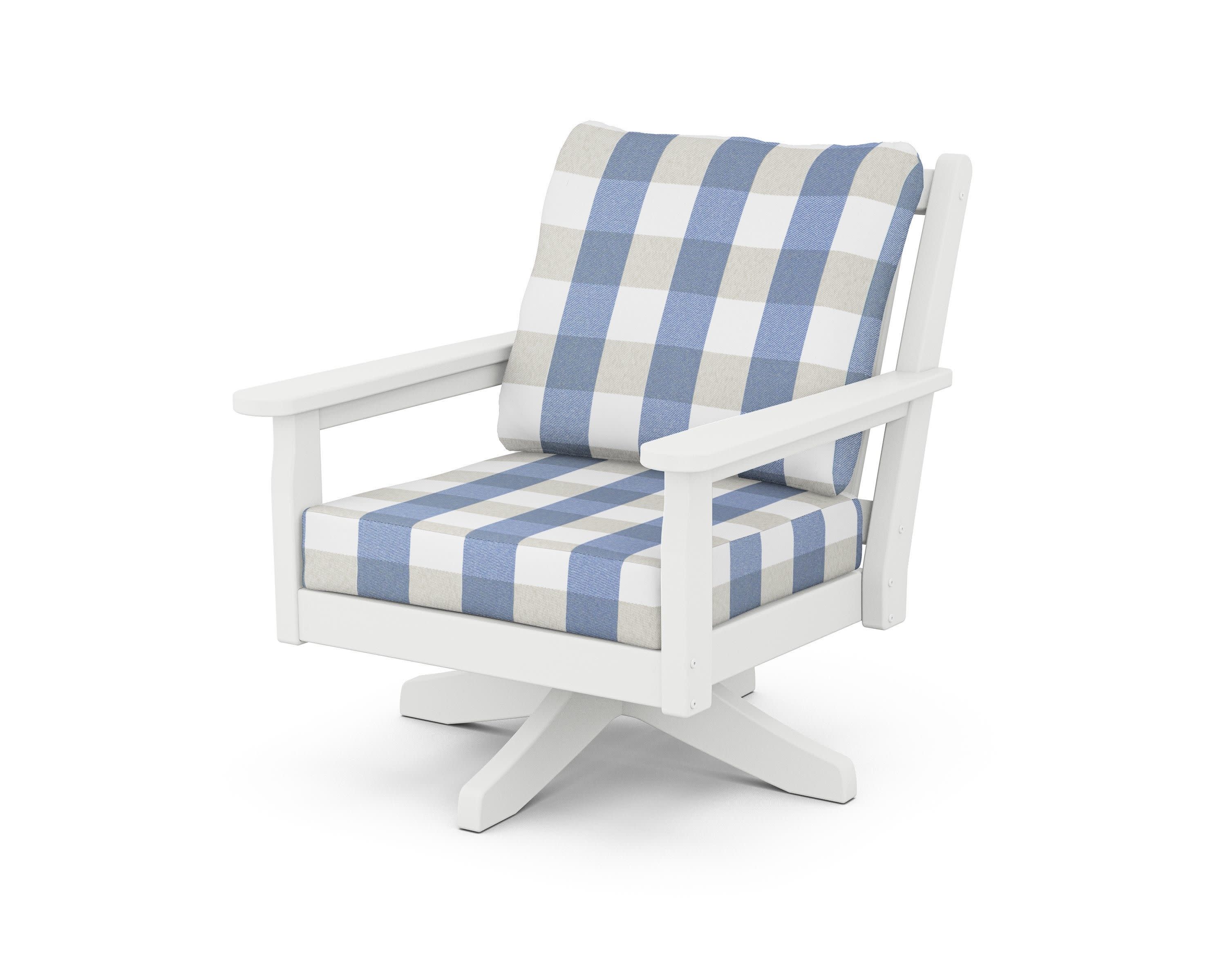 Chippendale Deep Seating Swivel Chair in White / Buffalo Plaid Sky Blue