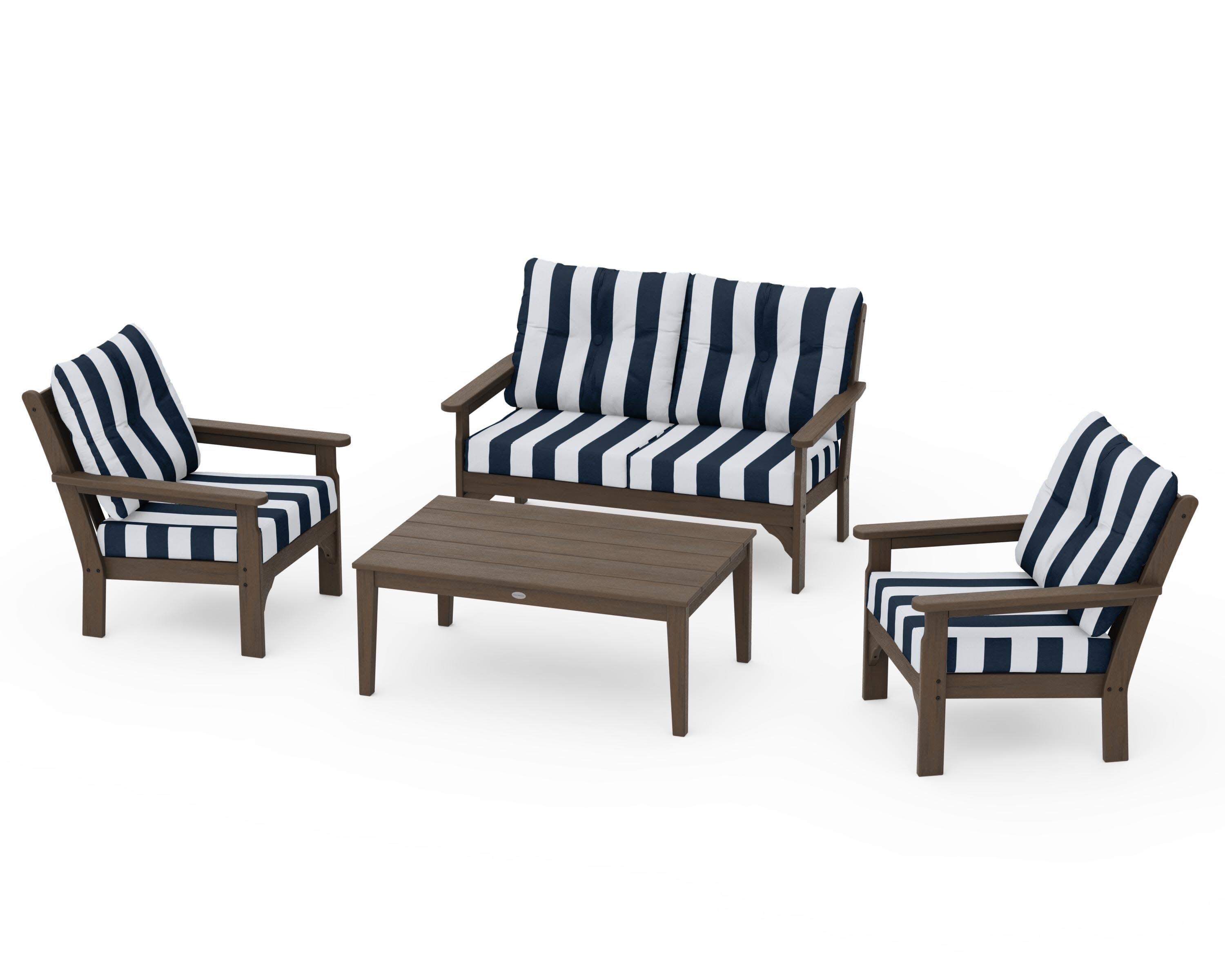 Vineyard 4-Piece Deep Seating Set in Kona / Cabana Stripe Marine Indigo