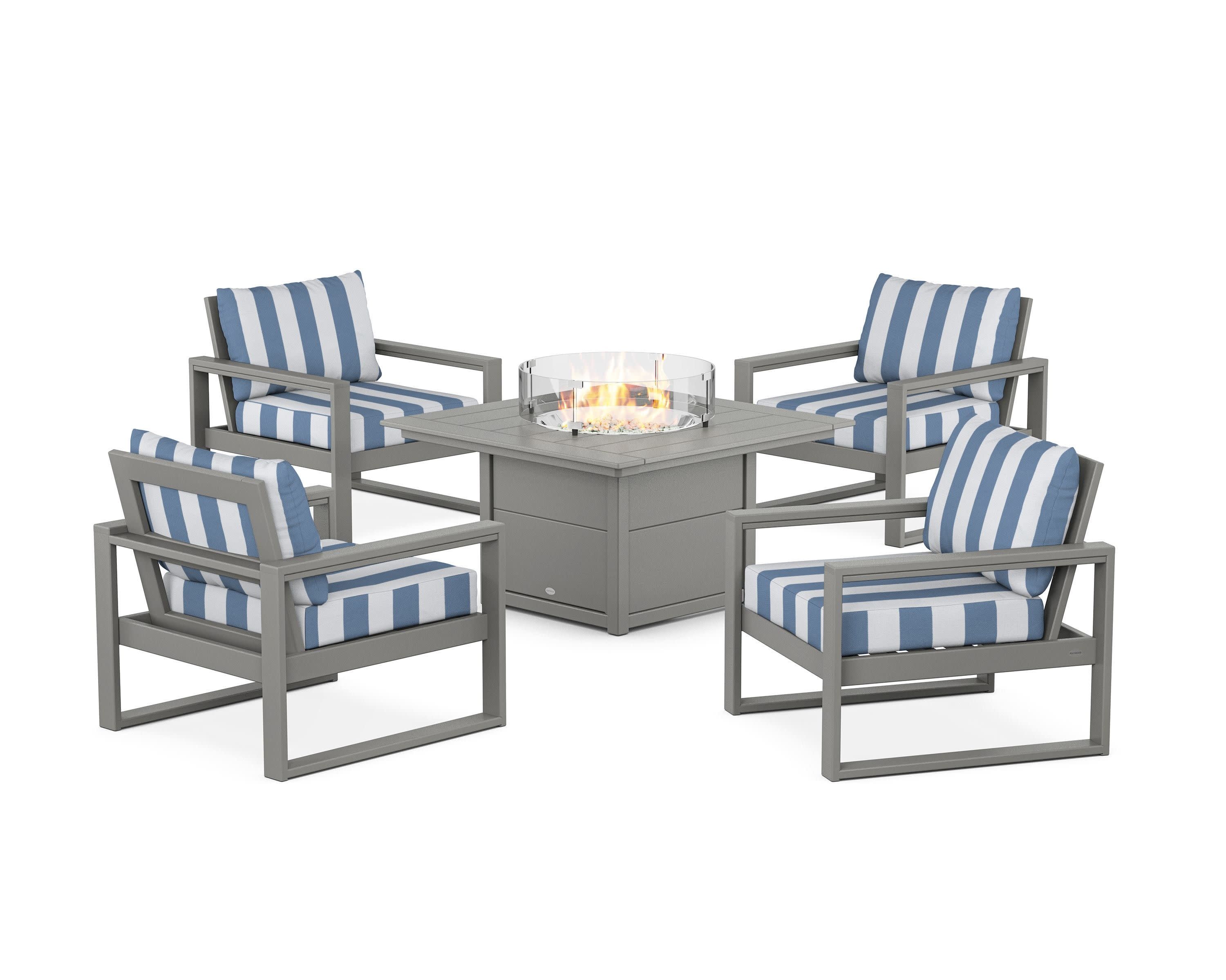 EDGE Sectional 5-Piece Deep Seating Set with Fire Pit Table in Slate Grey / Cabana Stripe Sky Blue