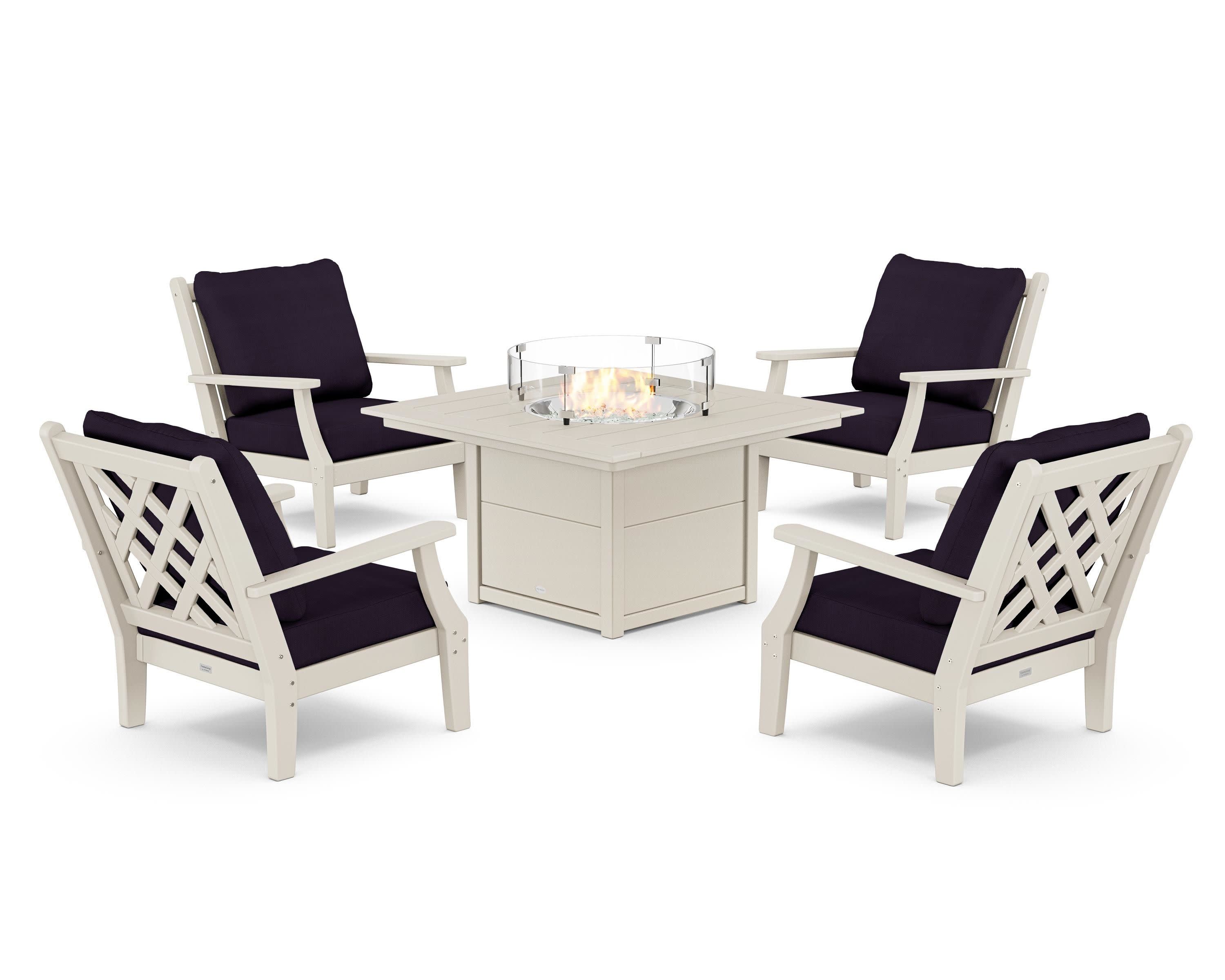 Wovendale 5-Piece Deep Seating Set with Fire Pit Table in Sand / Navy Linen