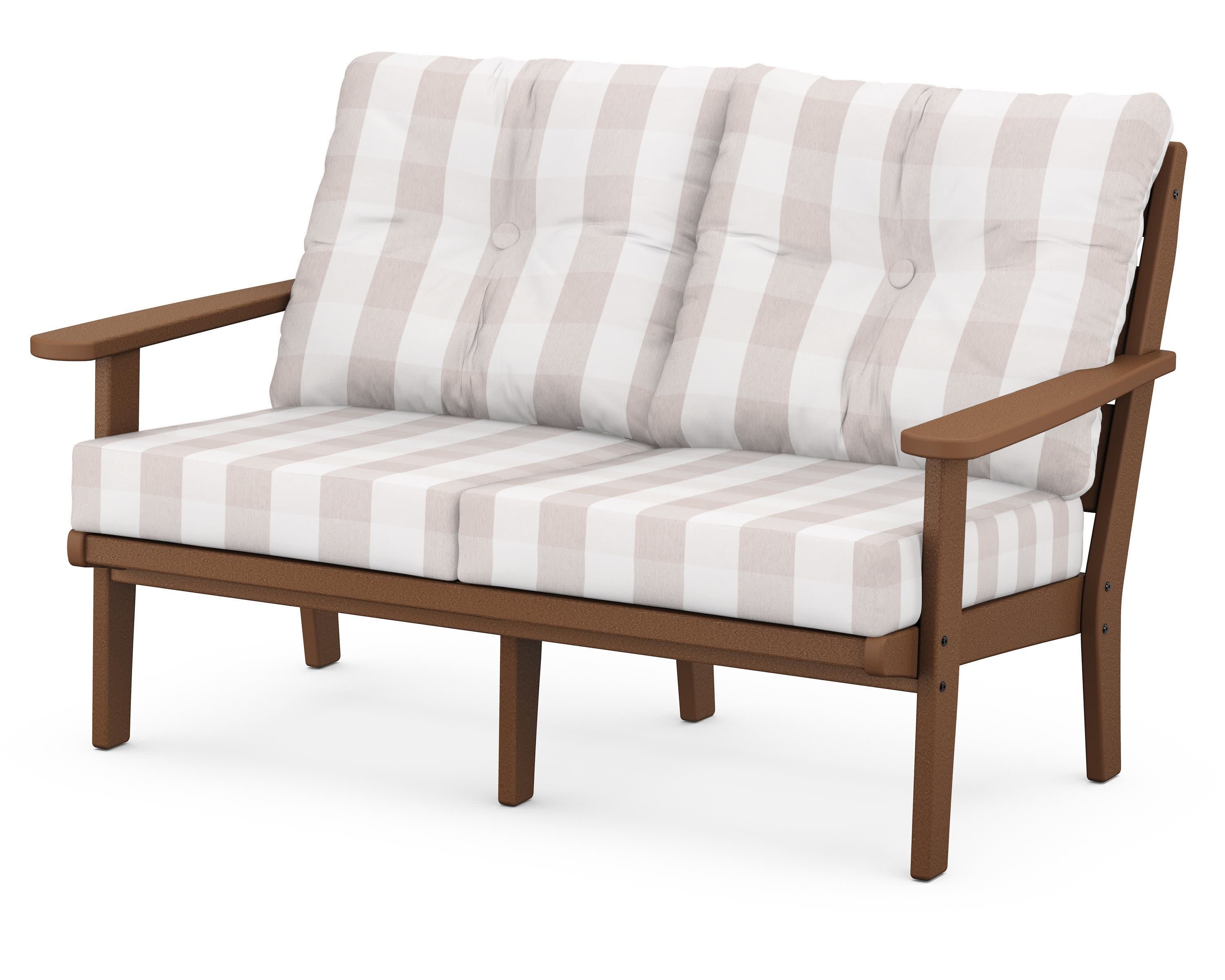 Lakeside Deep Seating Loveseat in Teak / Buffalo Plaid Dune Burlap